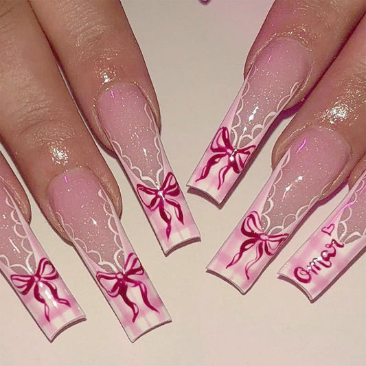 Square Press on Nails Long Fake Nails with Pink Bow Pattern Cute Pink Full Cover Glue on Nails Glossy False Nails Press ons Acrylic Artificial French Tip Stick on Nails for Women Girls 24 Pcs