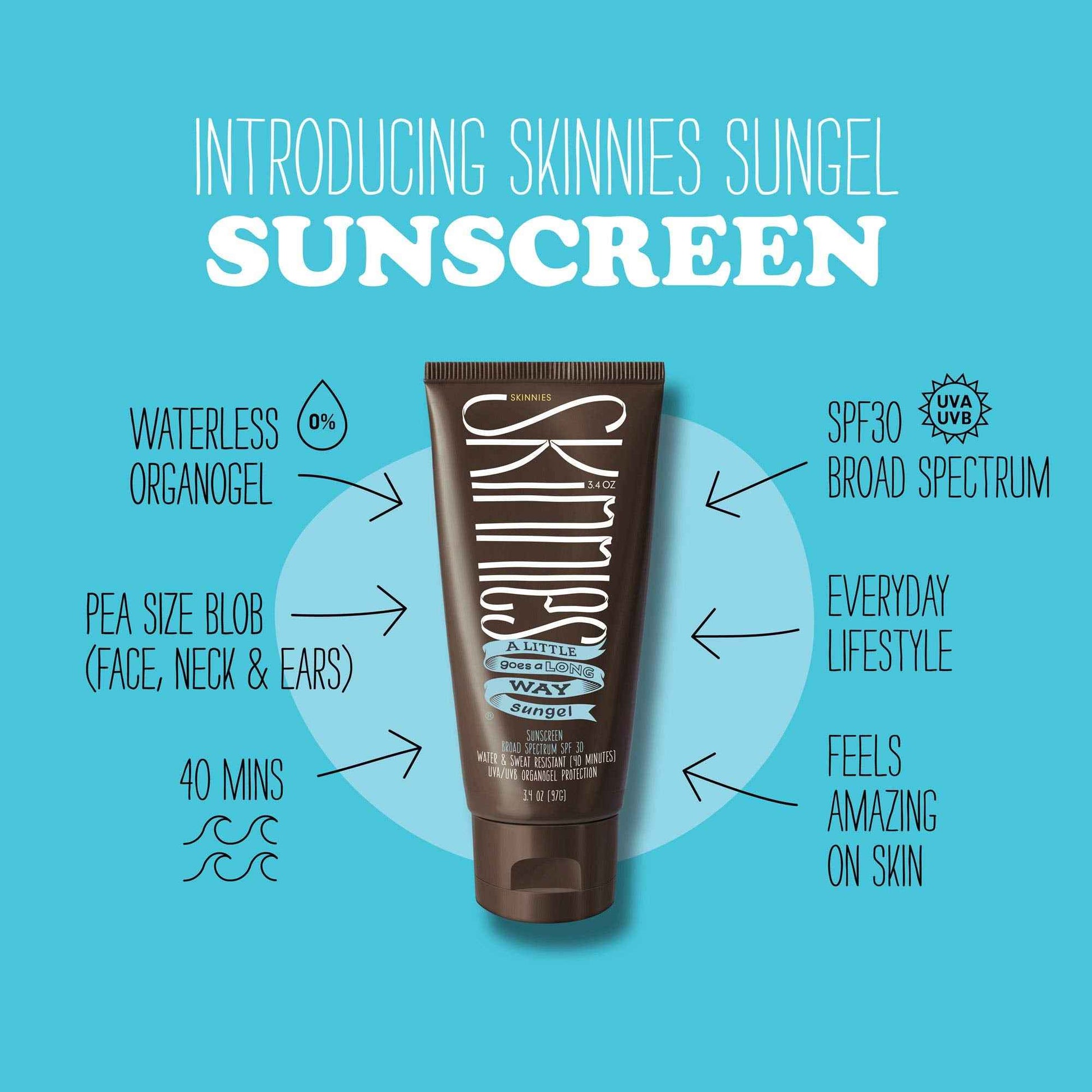 Skinnies Sungel New Formula SPF30 Eco Sunscreen, 3.4oz UVA UVB, Not Diluted With Water, Reef Safe, Vegan, Use Pea Size Blob
