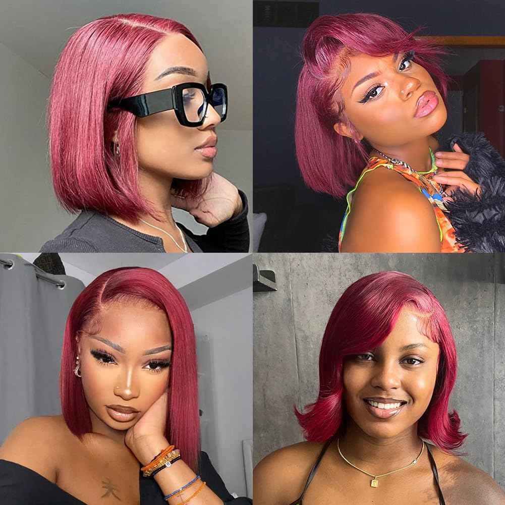 SKYDO 13x4 Lace Front Bob Wig Human Hair - 99J Burgundy, Pre-Plucked Hairline 180 Density, 8 Inch Wigs for Women