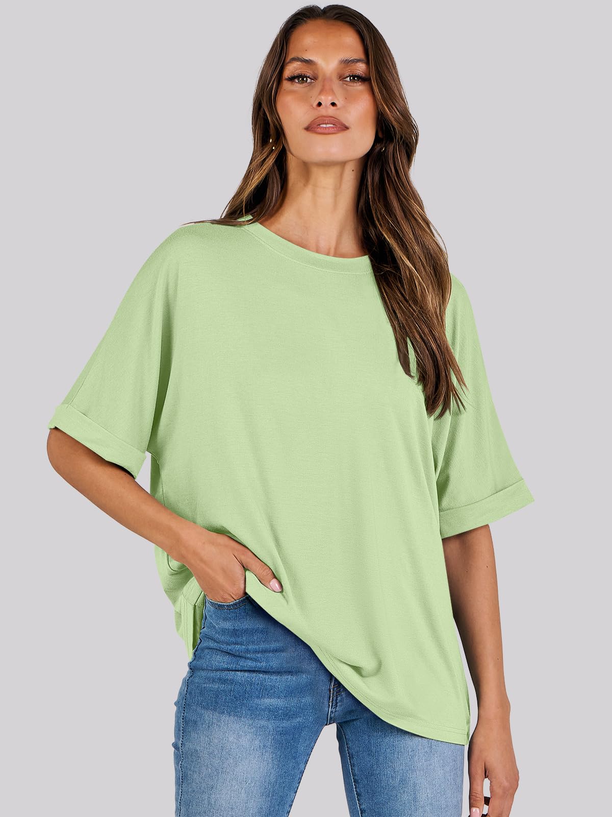 ANRABESS Women's Oversized T Shirts Short Sleeve Crewneck Summer Tops Casual Loose Basic Tee Shirts 2024 Trendy Clothes Light Green Small