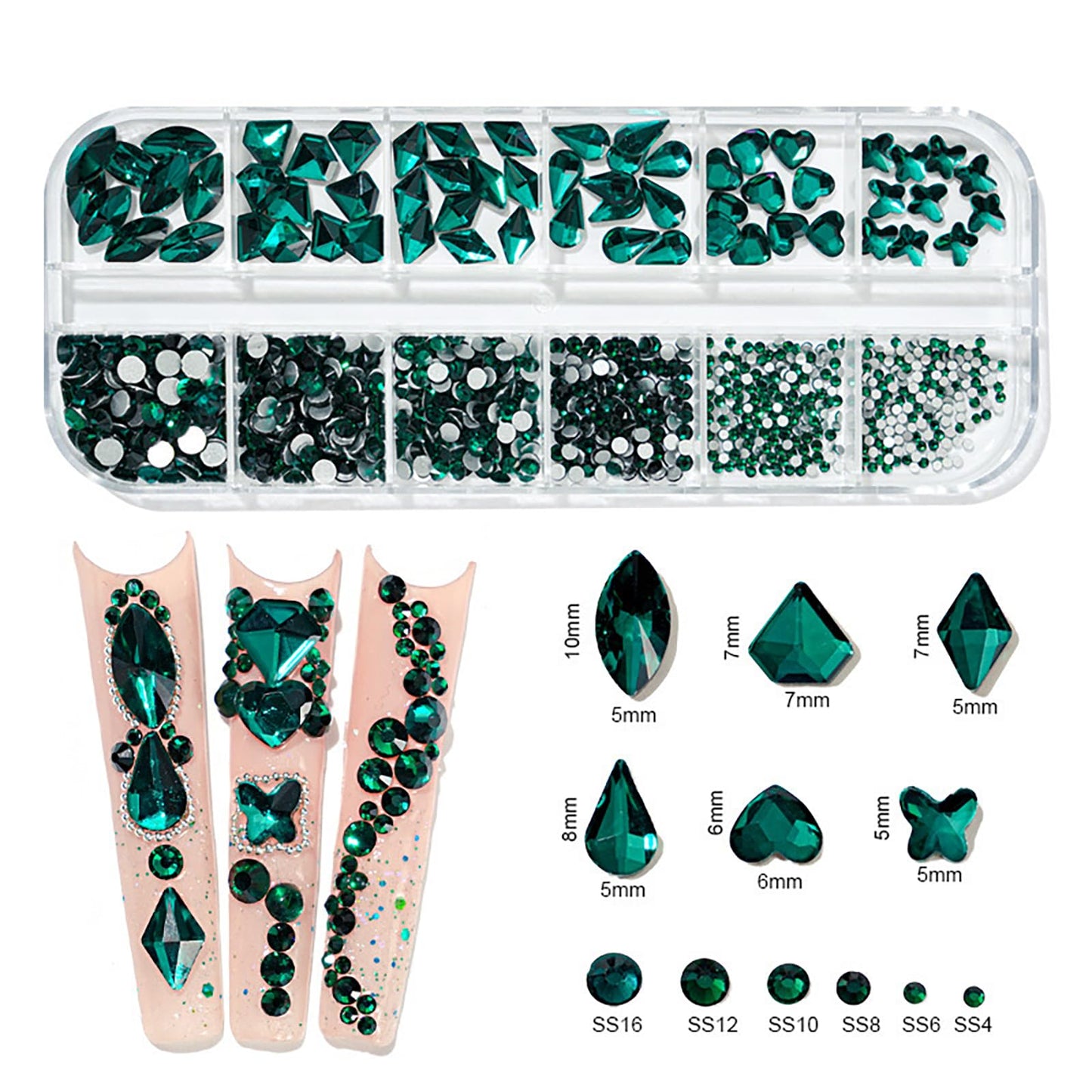 1460PCS Emerald Green Luxury Nail Art Rhinestones Kit for Acrylic Nails,Green Nail Charms 180pcs Multi Shapes Flatback Rhinestones+1240pcs Round Beads Glass+40pcs Metal Rhinestones Manicure