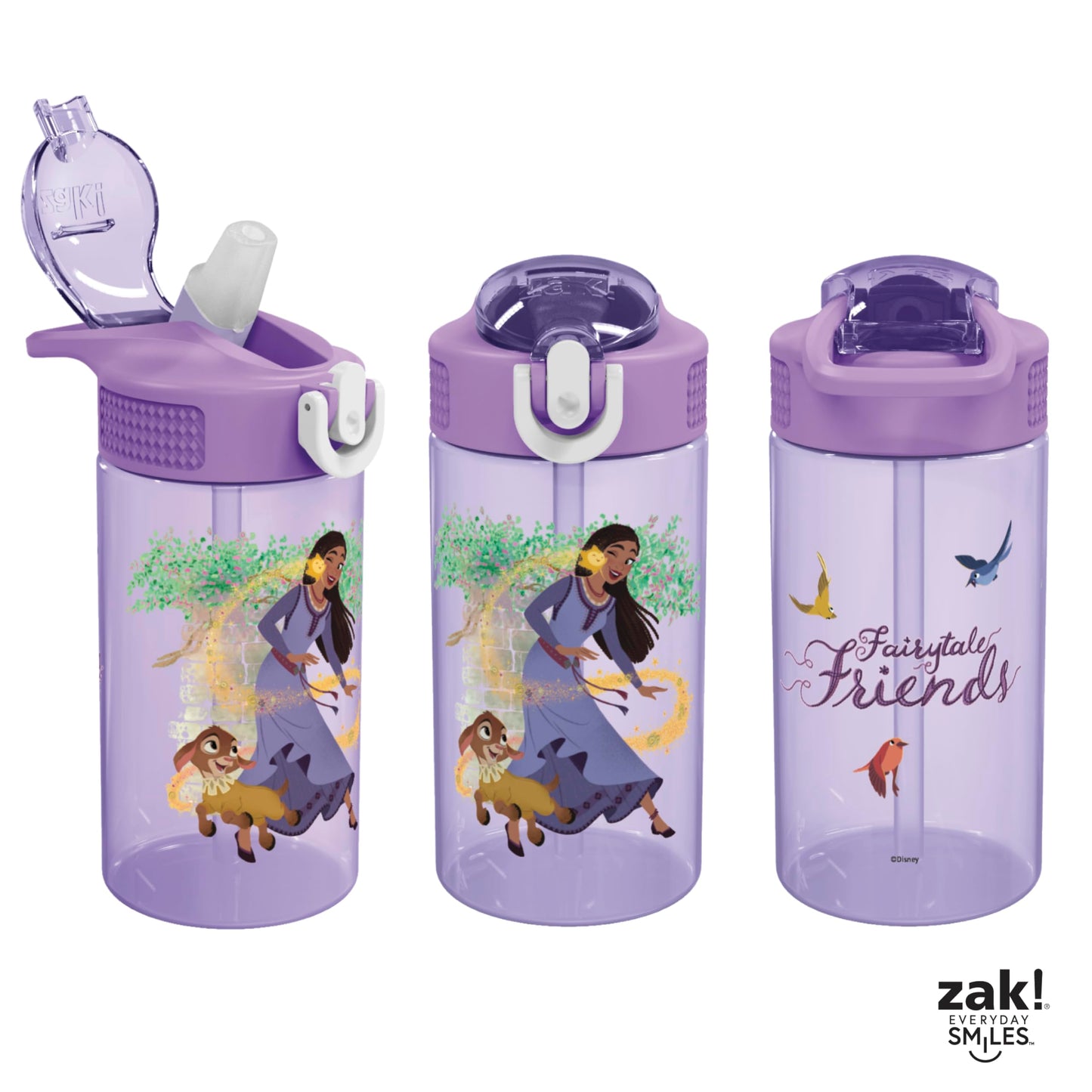 Zak Designs Disney Wish Kids Water Bottle For School or Travel, 16oz Durable Plastic Water Bottle With Straw, Handle, and Leak-Proof, Pop-Up Spout Cover (Asha & Valentino)