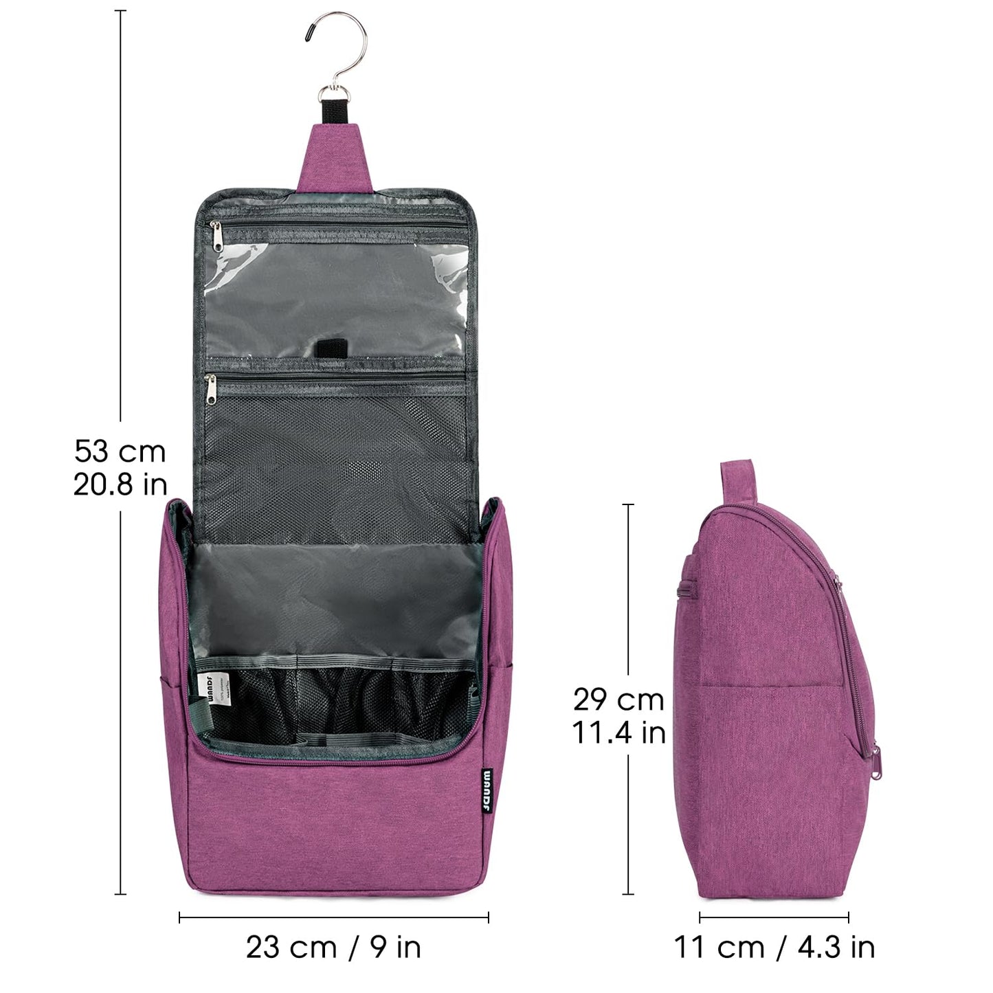 WANDF Hanging Toiletry Bags for Full Size Toiletries Travel Makeup Bag Cosmetic Organizer Shower Bathroom Bag for Women(Purple)