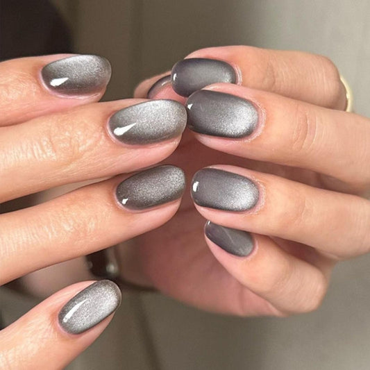 Press on Nails Short Oval Acrylic Nails Press ons False Nails with Cat Eyes Designs Grey Full Cover Fake Nails Glossy Stick on Nails for Women 24 Pcs