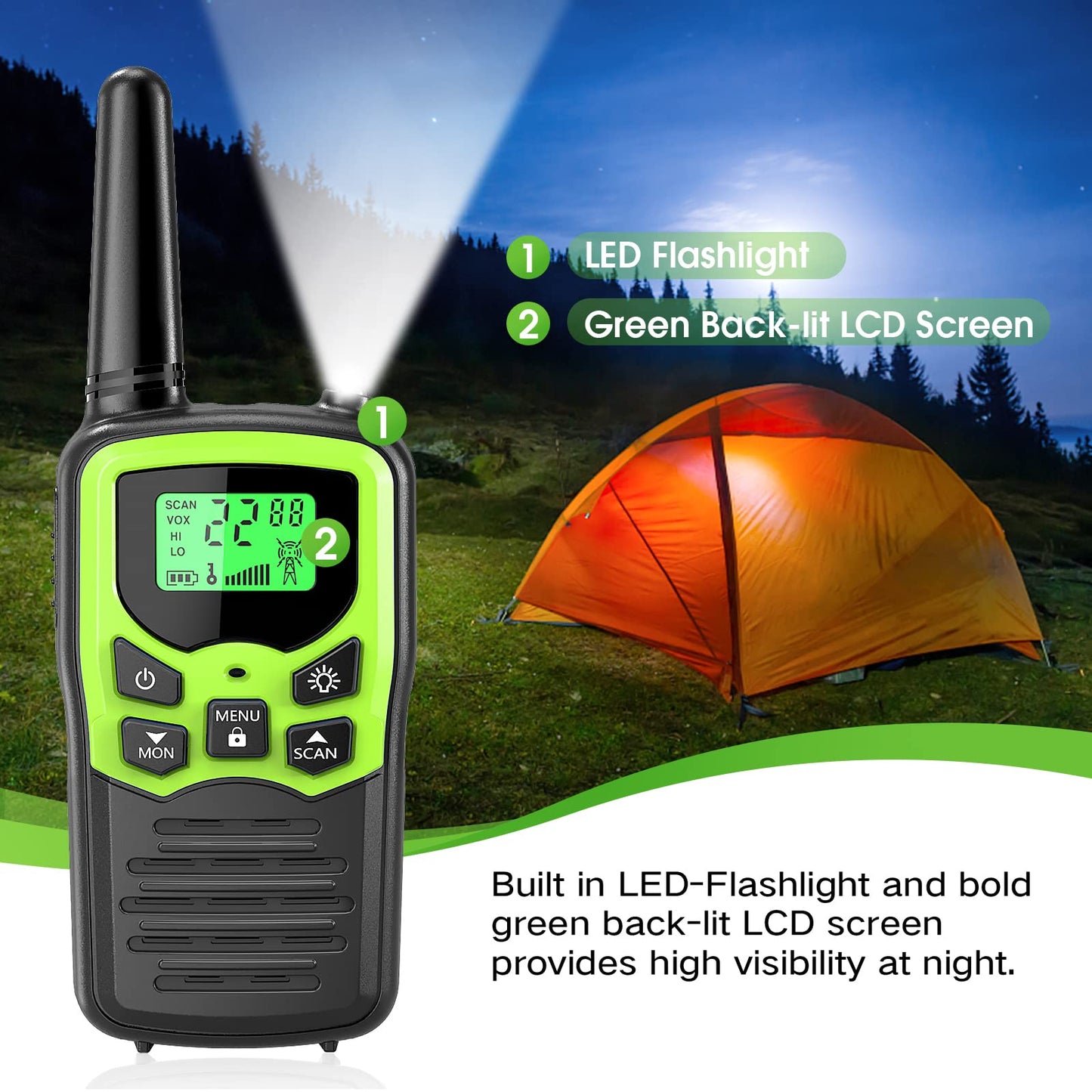 Walkie Talkies with 22 FRS Channels, MOICO Walkie Talkies for Adults with LED Flashlight VOX Scan LCD Display, Long Range Family Walkie Talkie Radios for Hiking Camping Trip (Green, 4 Pack)