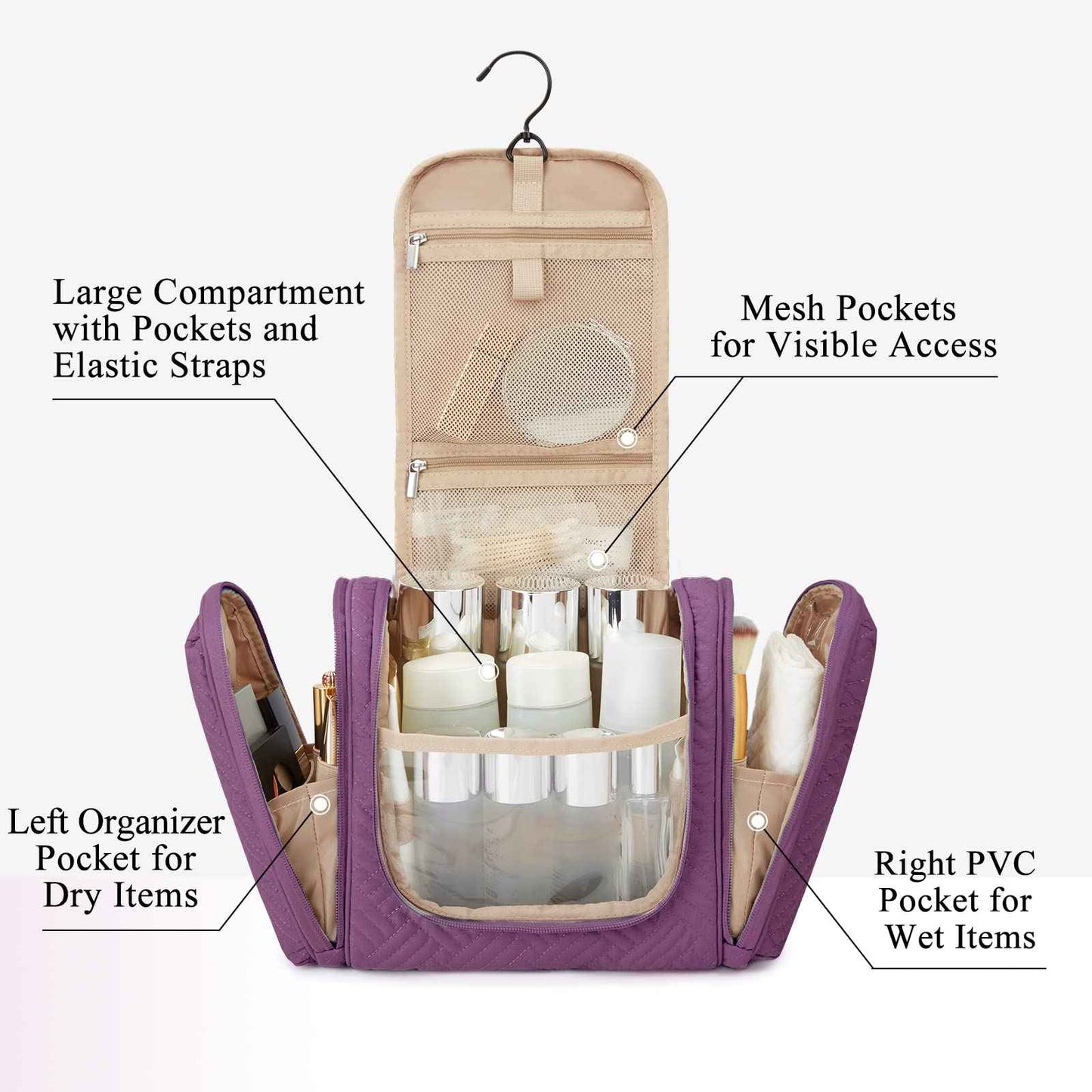 BAGSMART Atlas Travel Toiletry Bag for Women, Hanging Toiletry Bag with Hook, Travel Cosmetic Makeup Bag Travel Organizer for Accessories, Shampoo, Full Sized Container, Toiletries,Purple-Medium