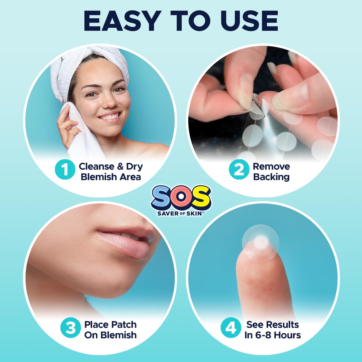 SOS SAVER OF SKIN™, Blemish Patches, Fast Working Hydrocolloid Acne Patches for Covering Pimples, Zits, and Blemishes on Face and Skin, Absorb Fluids, Latex Free, Vegan (80, Transparent)