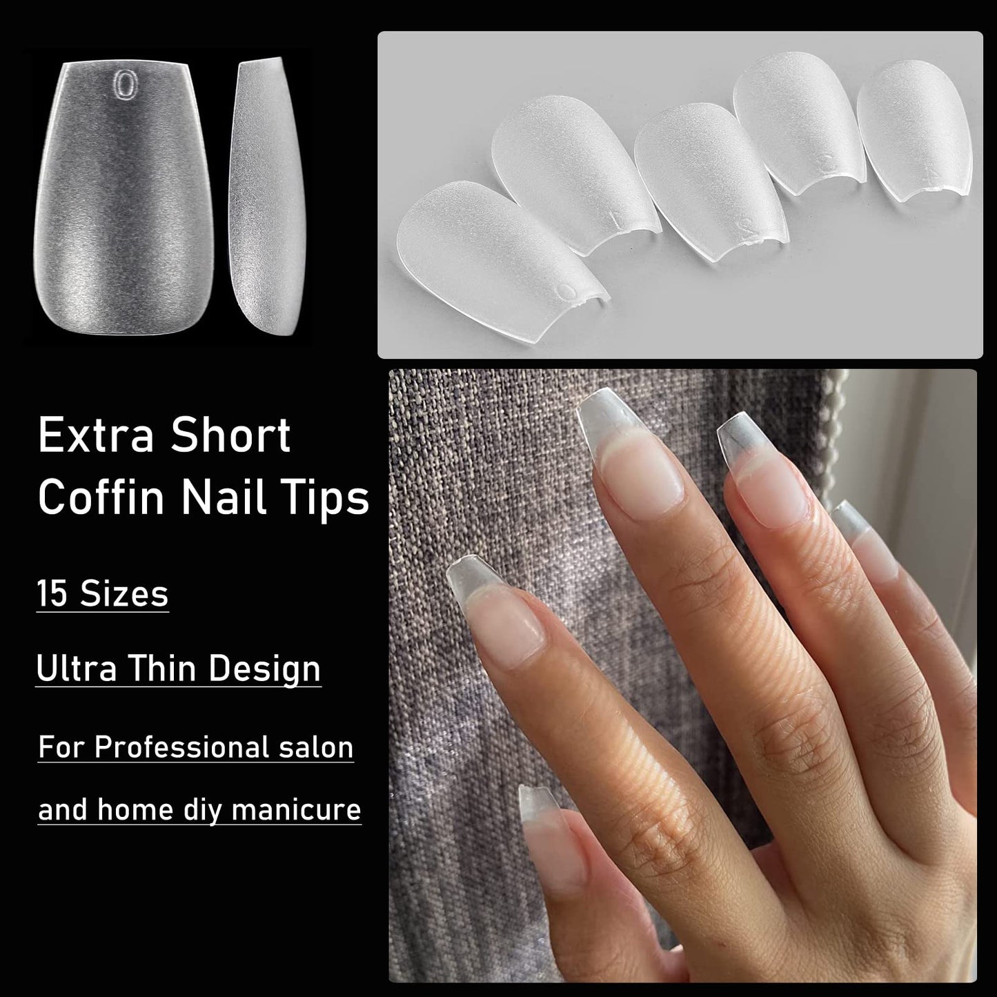 AddFavor Coffin Nail Tips 300pcs Soft Gel Matte Short Coffin Nail Tips Full Cover Acrylic False Fake Nails 15 Sizes for Women and Girls Press on Nails Nail Extension DIY Salon