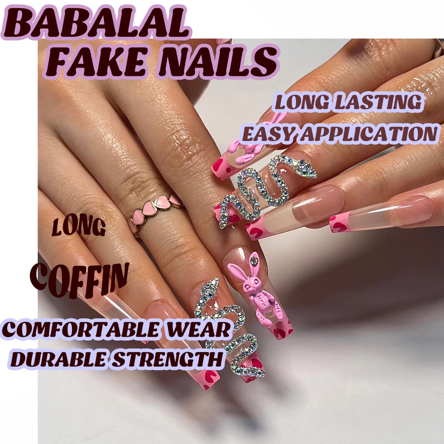 BABALAL French Tip Press on Nails Long Coffin Fake Nails Pink Cow Print Glue on Nails 3d Metallic Snake Rabbit Charm Cute Y2k Acrylic Nails 24Pcs Ballerina Manicure Easter Nails for Women and Girls