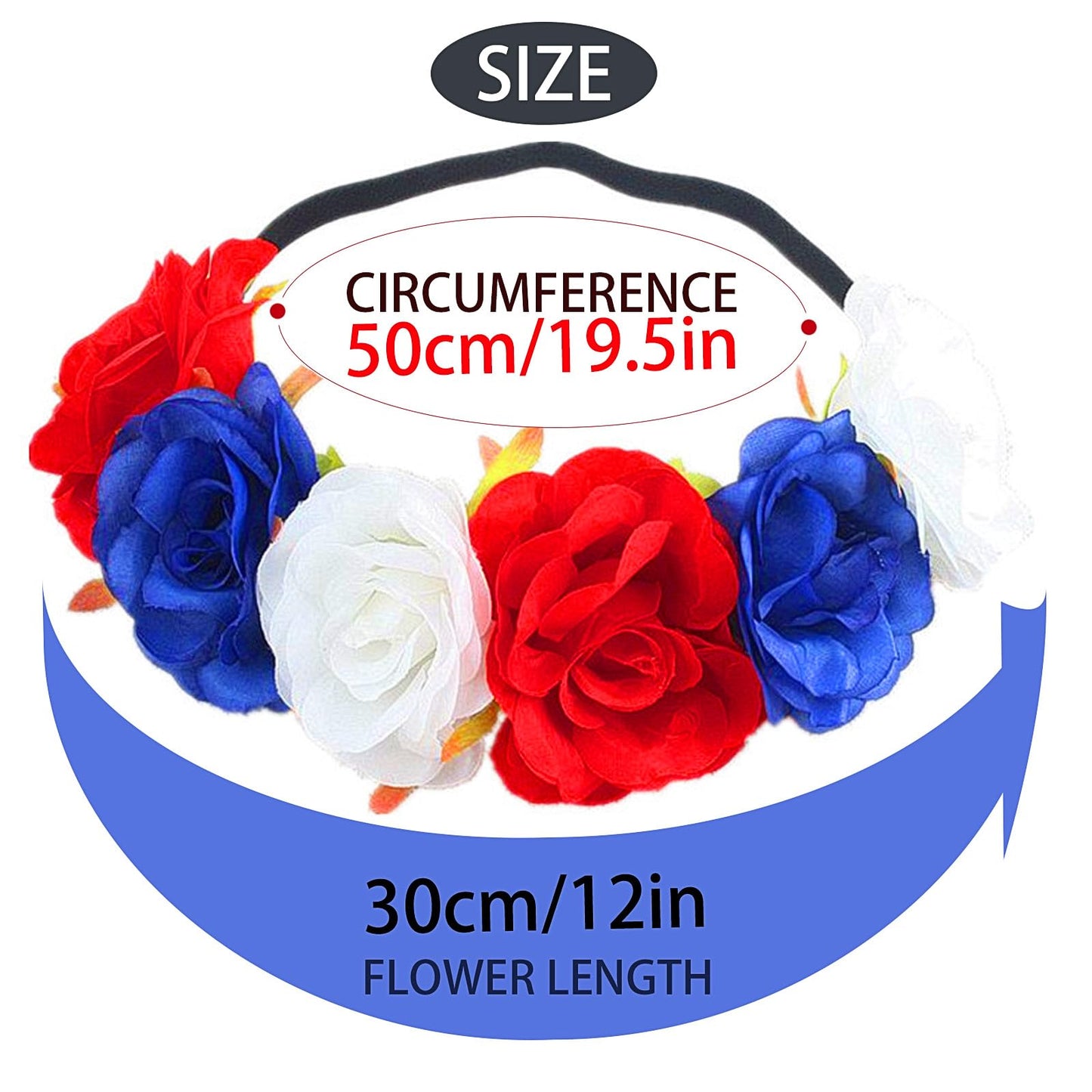 SeBneny Flower Headband Red Blue White Elastic Ribbon 4th of July Hairband for Women Rose patriotic headband National Memorial Day para niña Hair Hoop Floral Crown for Party Supplies 1PCS