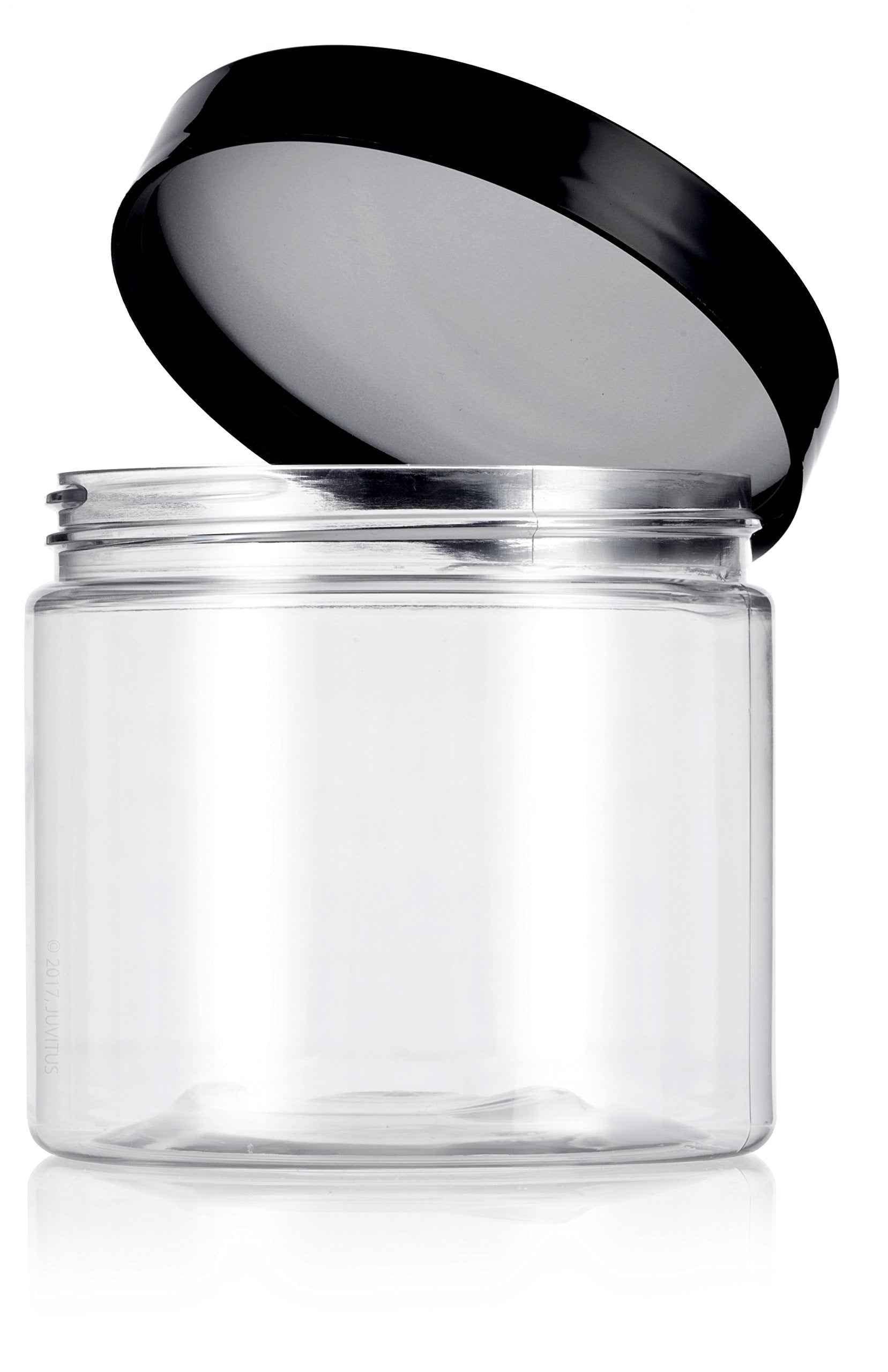 JUVITUS 16 oz Clear PET Plastic Refillable Jar with Black Smooth Lid (12 pack) + Labels