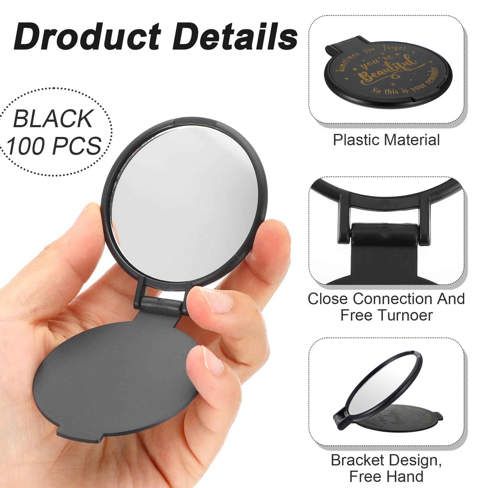 100pcs Black Compact Mirror Bulk Gifts for Women, Mini Inspirational Purse Handheld Makeup Pocket Mirror, Round Portable Makeup Folding Mirrors Gift for Christmas Valentine Daily Travel Coworker