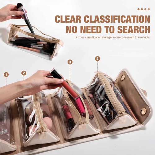 BS-MALL Travel Makeup Bag PU Leather Large Size Elegant Cosmetic Case in Premium PU Leather with 4 Small Bag for Easy Makeup Organization & Travel White