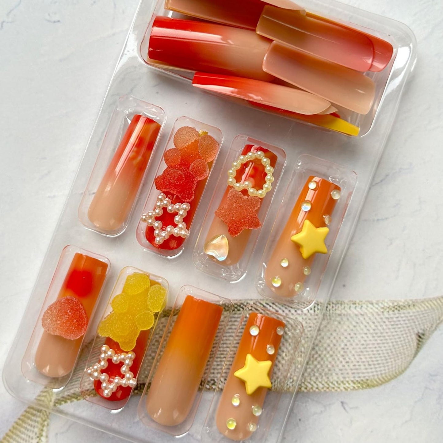 24Pcs Long Press on Nails Orange and Red Fake Nails Cute Bear & Candy Design False Nails 3D Cartoon Acrylic Nails Reusable Stick on Nails Jelly Press on Nails for Women and Girls Nail Art Decoration