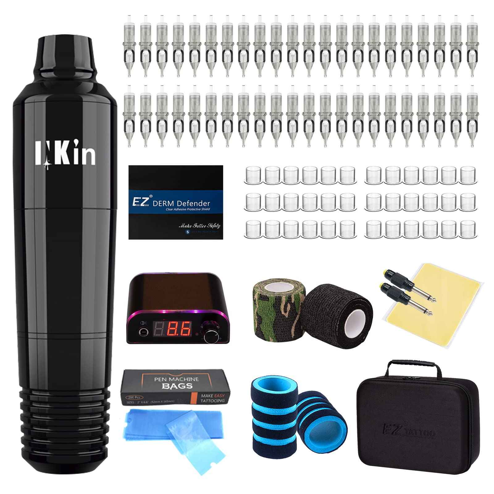 EZ Tattoo Machine Kit, Professional Rotary Tattoo Gun Kit Complete Cartridge Pen with Case for Beginners Power Supply