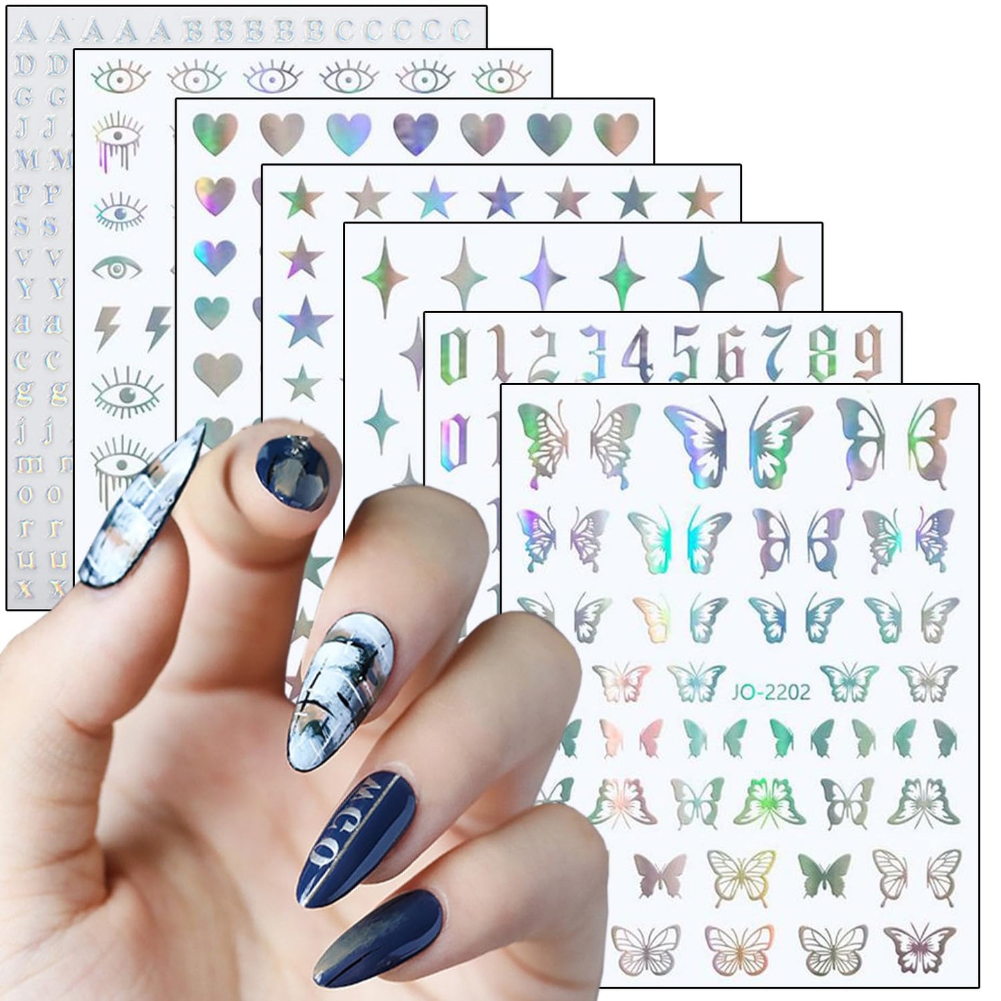 7 Sheets Silver Nail Art Stickers, Butterfly Heart Letters Numbers Stars Eyes Nail Self-Adhesive Sticker Design, 3D Geometry Nail Transfer Decals for Women Girls Manicure Charms Decorations