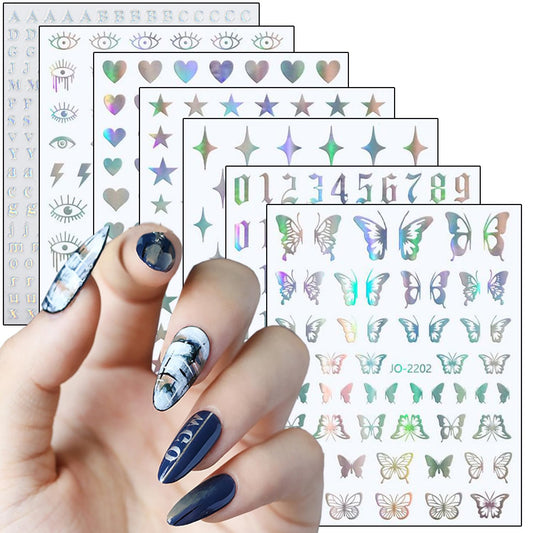 7 Sheets Silver Nail Art Stickers, Butterfly Heart Letters Numbers Stars Eyes Nail Self-Adhesive Sticker Design, 3D Geometry Nail Transfer Decals for Women Girls Manicure Charms Decorations