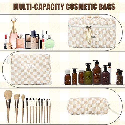 BuyCard Quilted Makeup Bag Set, 3Pcs Large Checkered Corduroy Cosmetic Bags, Cute Coquette Makeup Bag Toiletry Zipper Pouch Bag for Women Checkered Mix Brown