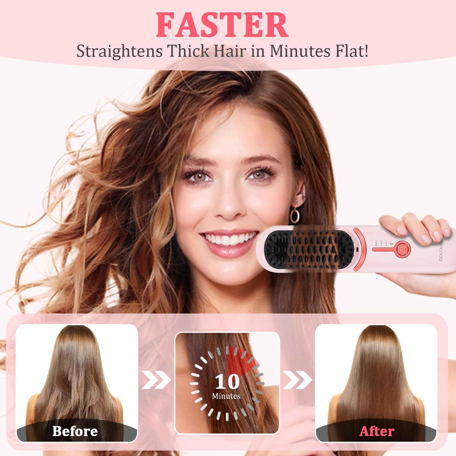 Cordless Hair Straightener Brush - Portable Hair Brush for Travel - 30s Fast Heating - Portable Straightening Brush for Travel, Mini Hot Straightening Comb for Women