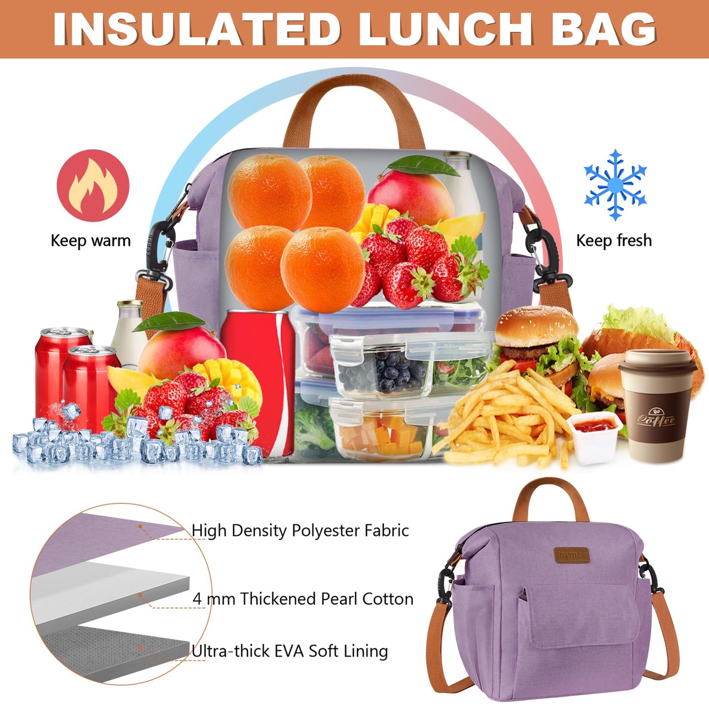 Joymee Insulated Lunch Bag for Women Men- Leak-proof Large Capacity Reusable Versatile Lunch Bag Adjustable Shoulder Strap Side Pockets- Lunch Cooler Bag for Adult - for Trip, Picnic, Work, Purple