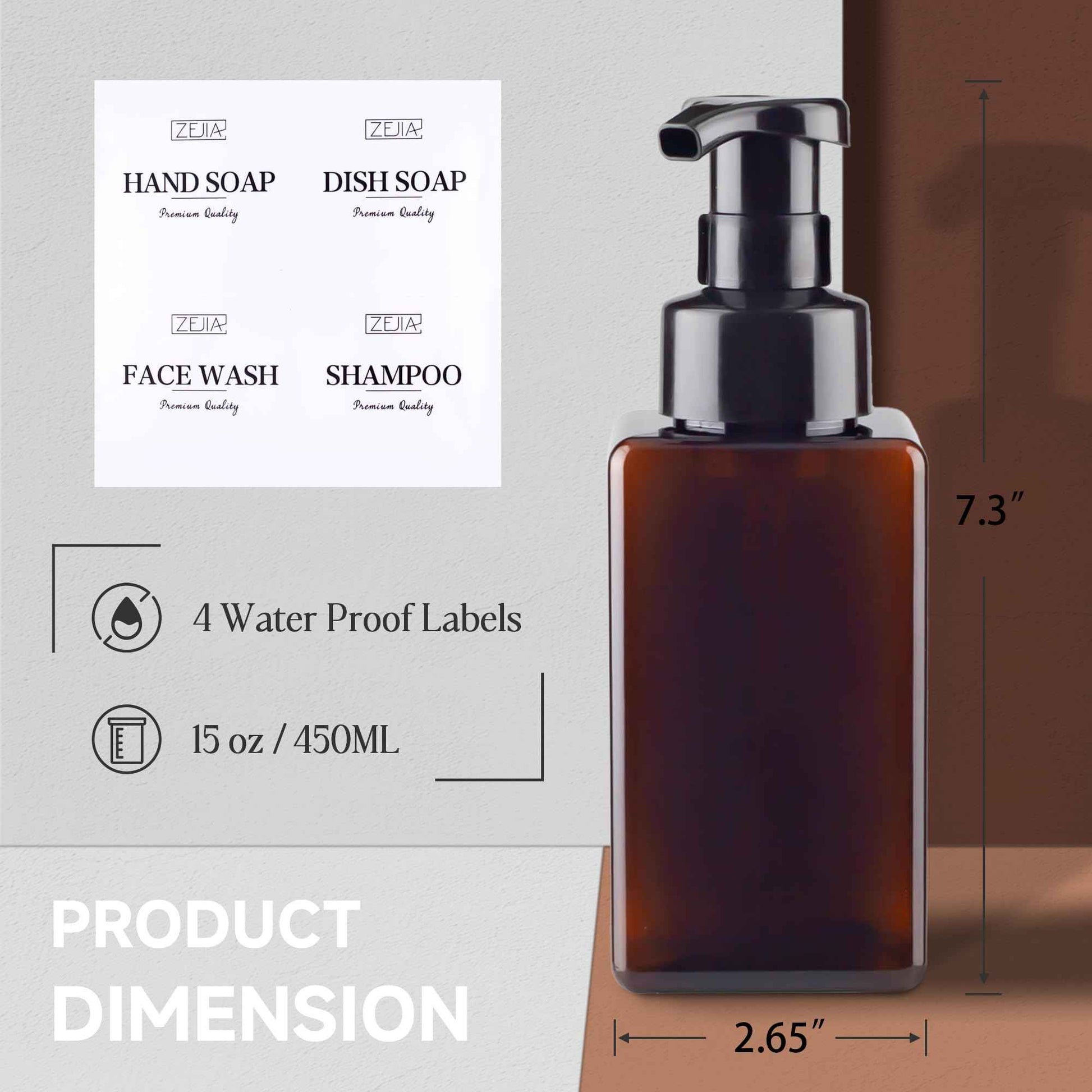 ZEJIA 15OZ Foaming Soap Dispenser, 2-Pack Plastic Hand Soap Dispenser, Refillable Leakproof Foam Pump Bottle with Waterproof Labels, for Shampoo, Body Wash