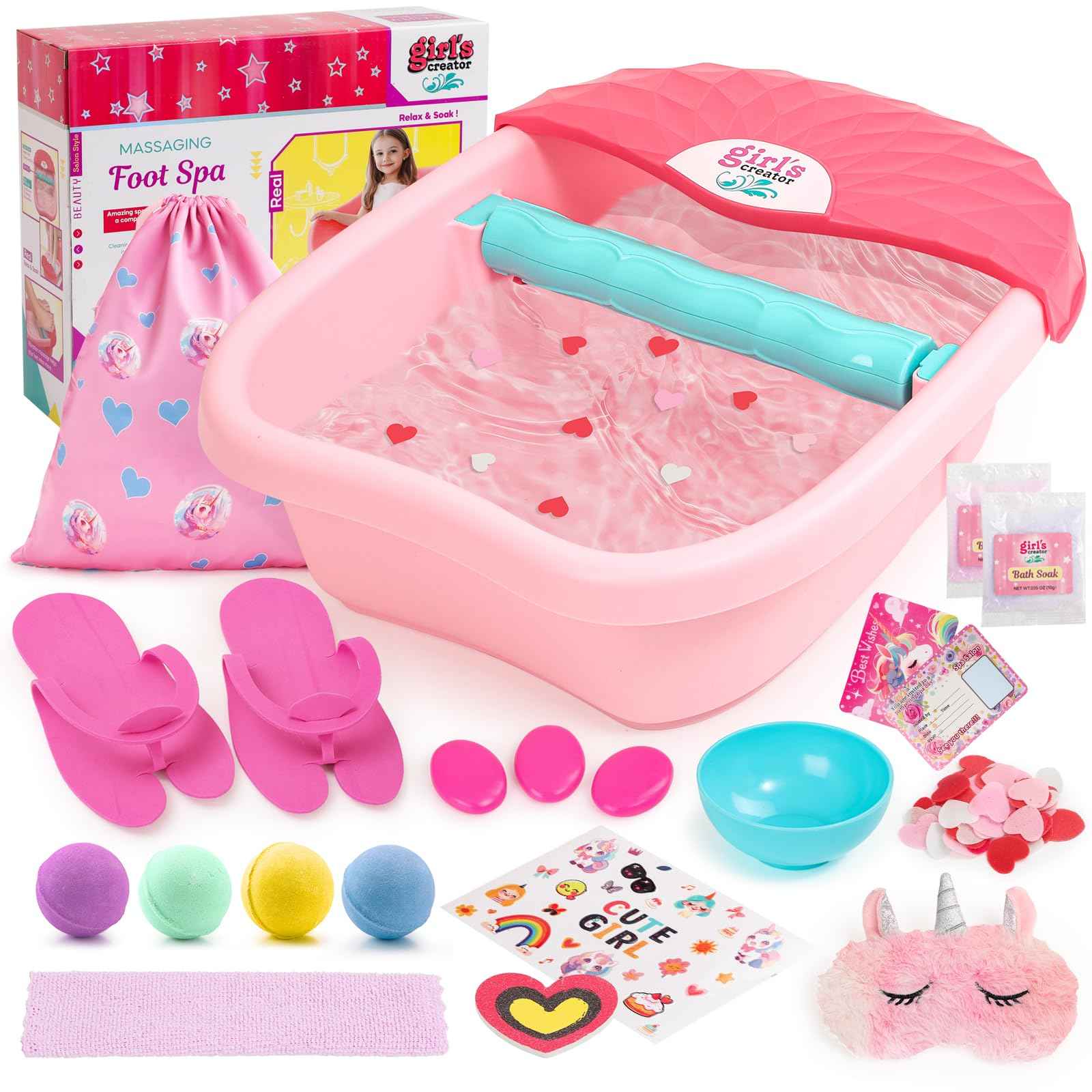 Kids Foot Spa Kit with Pedicure Set for Girls 3-8, All-in-1 Kids Spa Day Kit with Bubble Soak & Massage, Sleepover Party Birthday Gifts