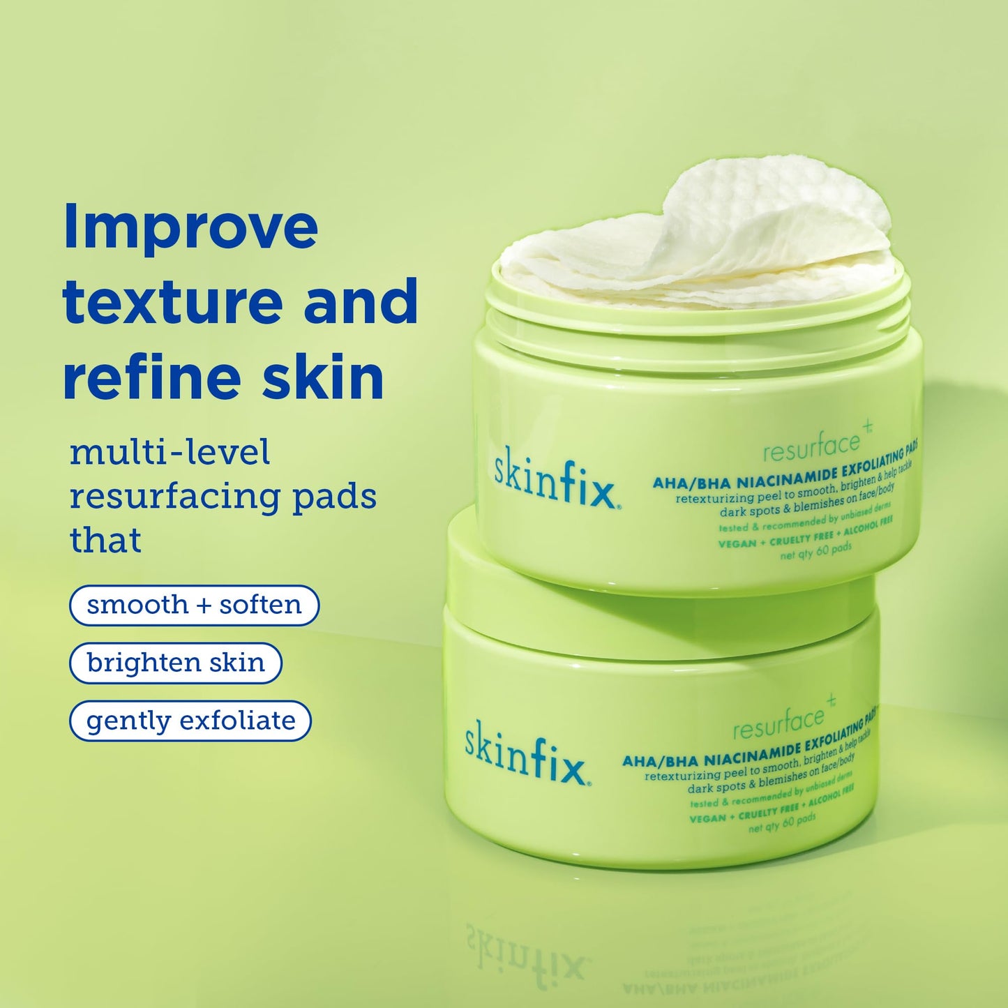 Skinfix Resurface+ AHA/BHA Niacinamide Exfoliating Pads: 2% Salicylic Acid (BHA) + AHAs & Niacinamide to Target Rough Texture, Spots, Fine Lines & Acne-Prone Skin, 60 Pads