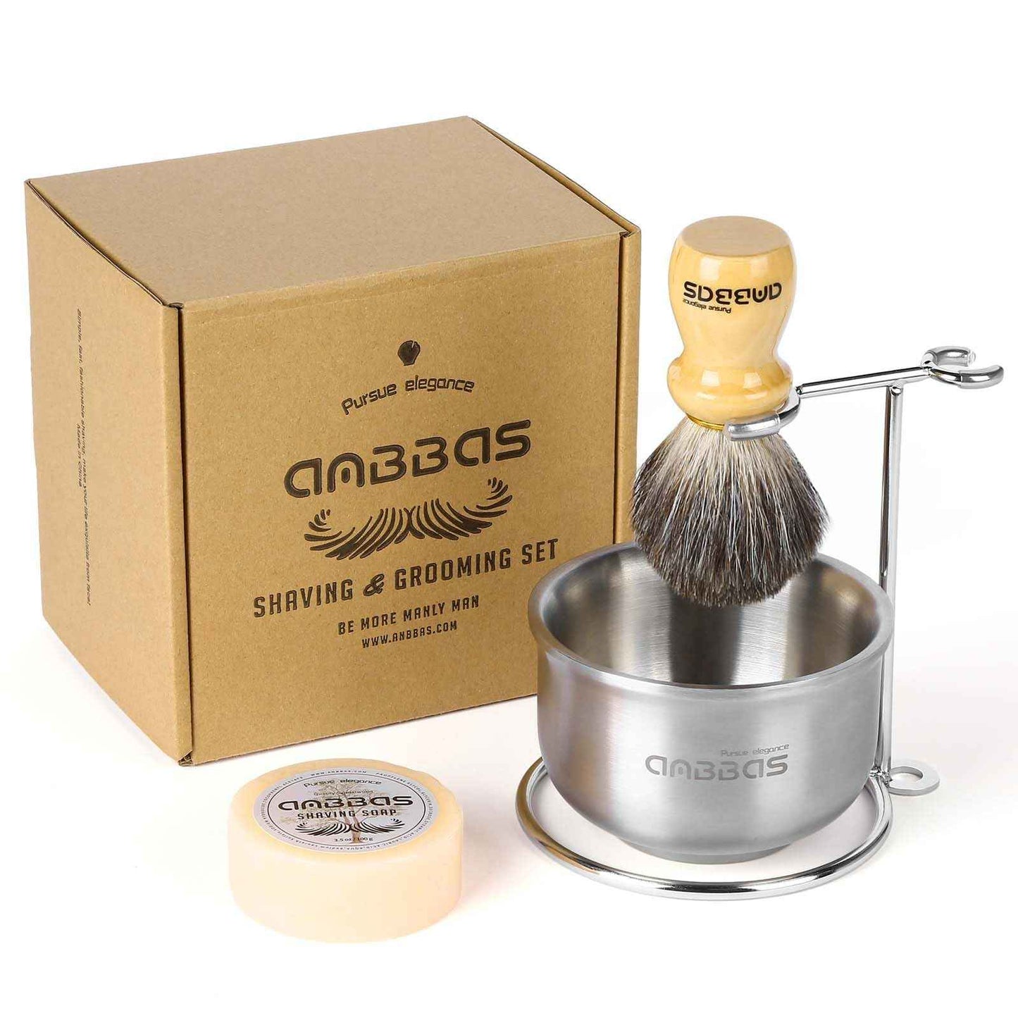 Anbbas Badger Hair Shaving Brush with Wood Handle,Stainless Steel Razor and Brush Stand, Shaving Bowl with Shaving Soap Bar 4in1 Set for Men Wet Shave