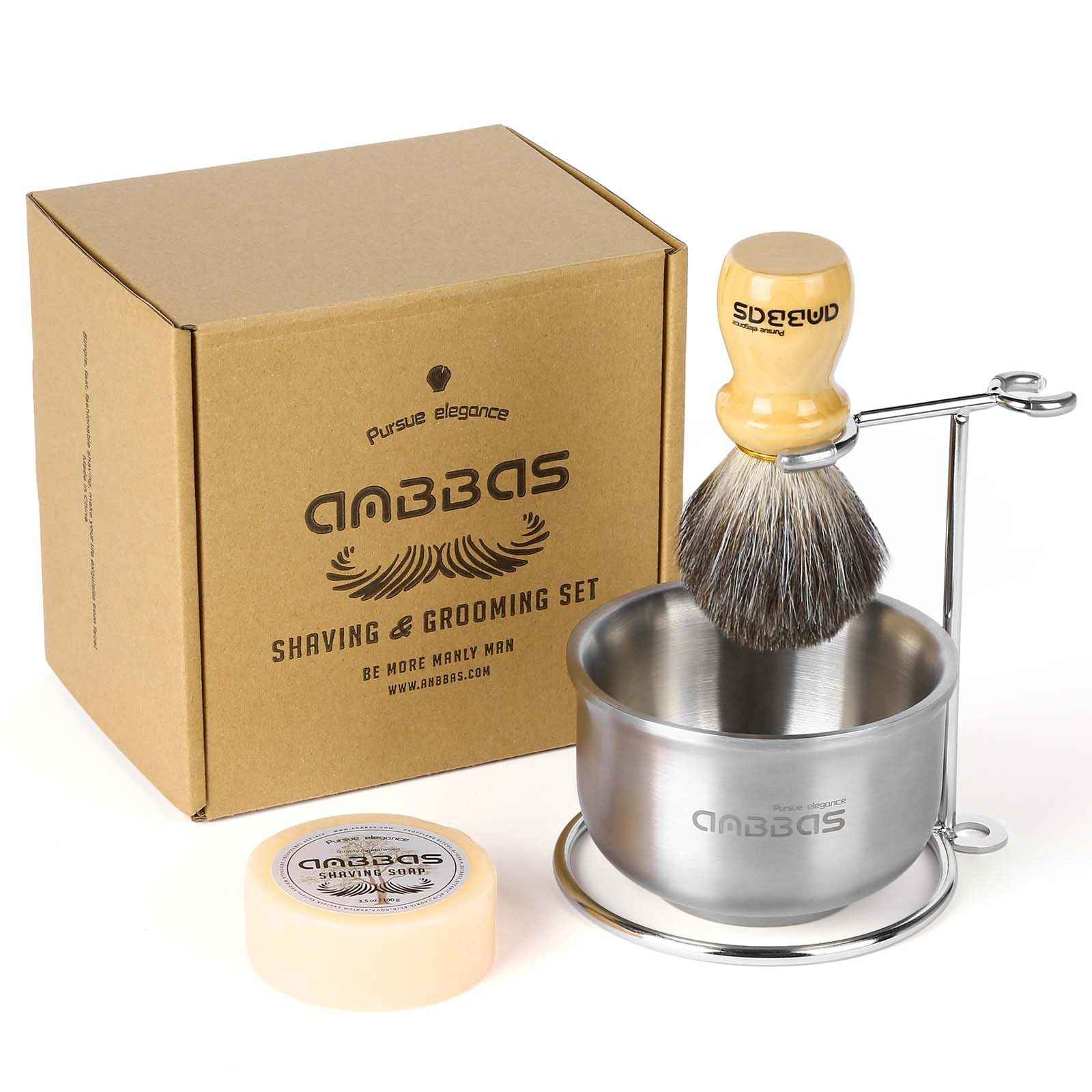 Anbbas Badger Hair Shaving Brush with Wood Handle,Stainless Steel Razor and Brush Stand, Shaving Bowl with Shaving Soap Bar 4in1 Set for Men Wet Shave