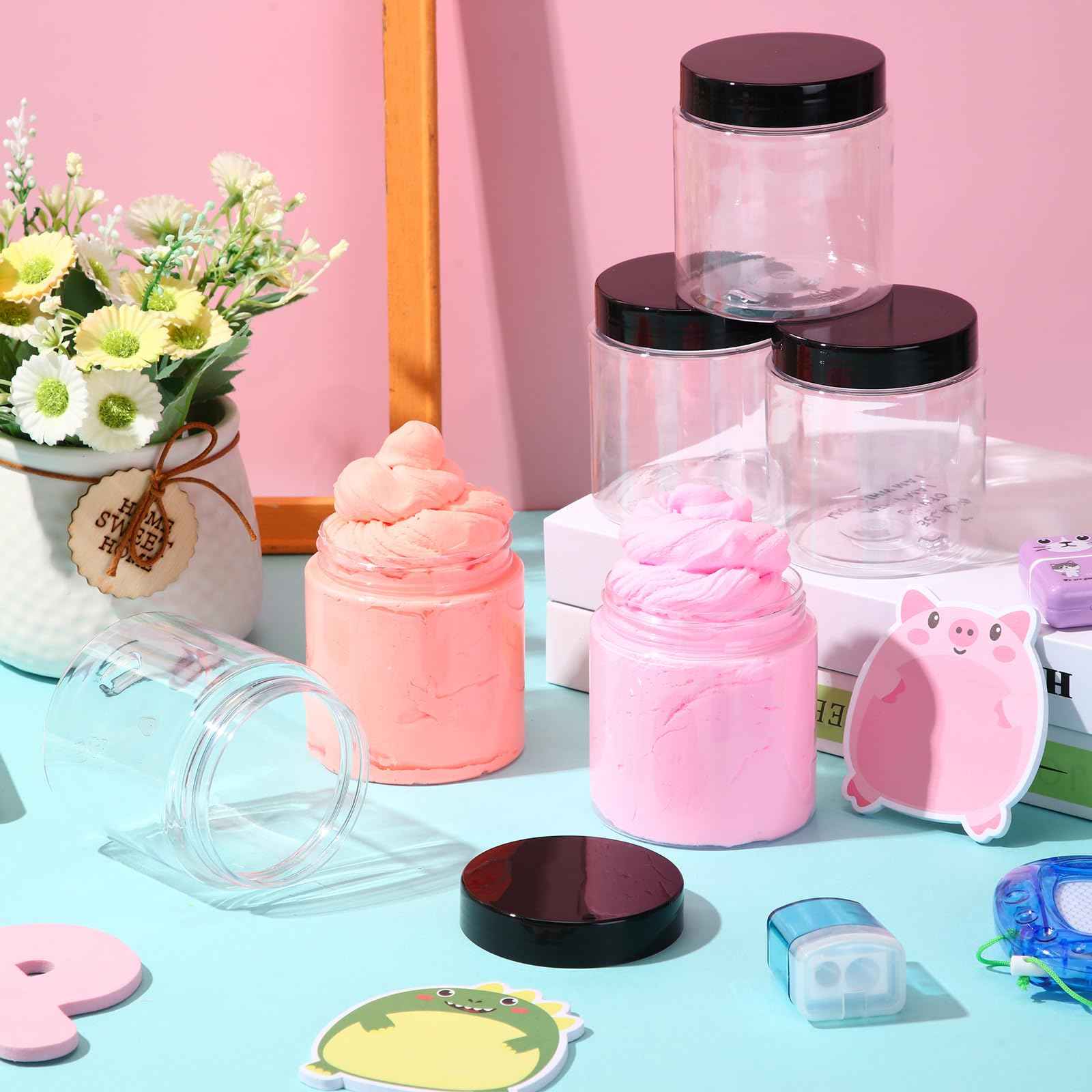 Patelai 60 Pcs Plastic Container Jars with Lids Round Clear Travel Cosmetic Container Jars for Toiletries, Lotion, Cream, Ointments, Makeup, Rhinestone, Samples, Kitchen Storage(Black,10 oz)