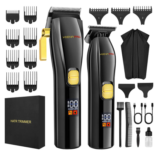 HIENA PRO Professional Hair Clippers and T-Blade Trimmer Kit for Men Cordless Complete Barber Kit Hair Cutting Kit Haircut Set with LED Display & USB Rechargeable (Black)