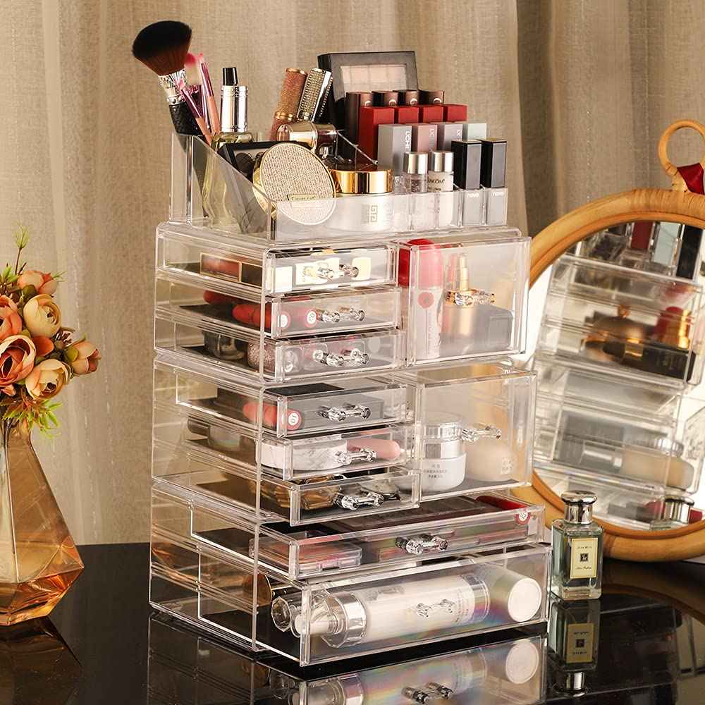 Cq acrylic Clear Makeup Storage Organizer Care Large Cosmetic Display Cases Stackable Storage Box With 10 Drawers For Dresser,Pack of 1