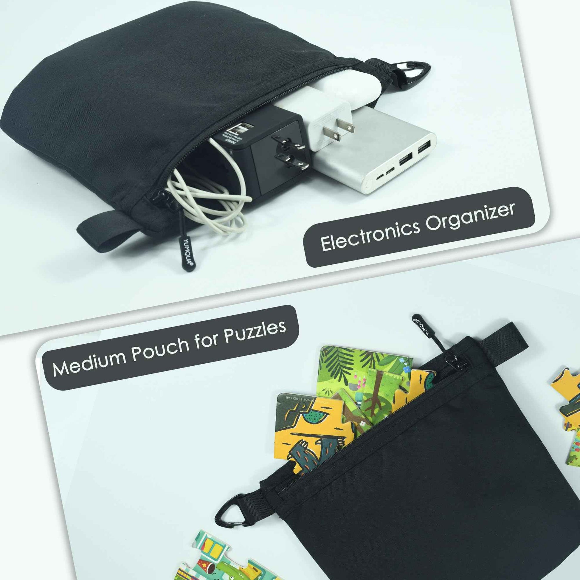 YUMQUA Small Pouch for Travel Essentials, Makeup Pouch Bag with Carabiner Clip on Backpack Dopp Kit Storage Organization for Toiletries, Cosmetics, Tech, Tools, Water Resistant 500D Nylon (Black)