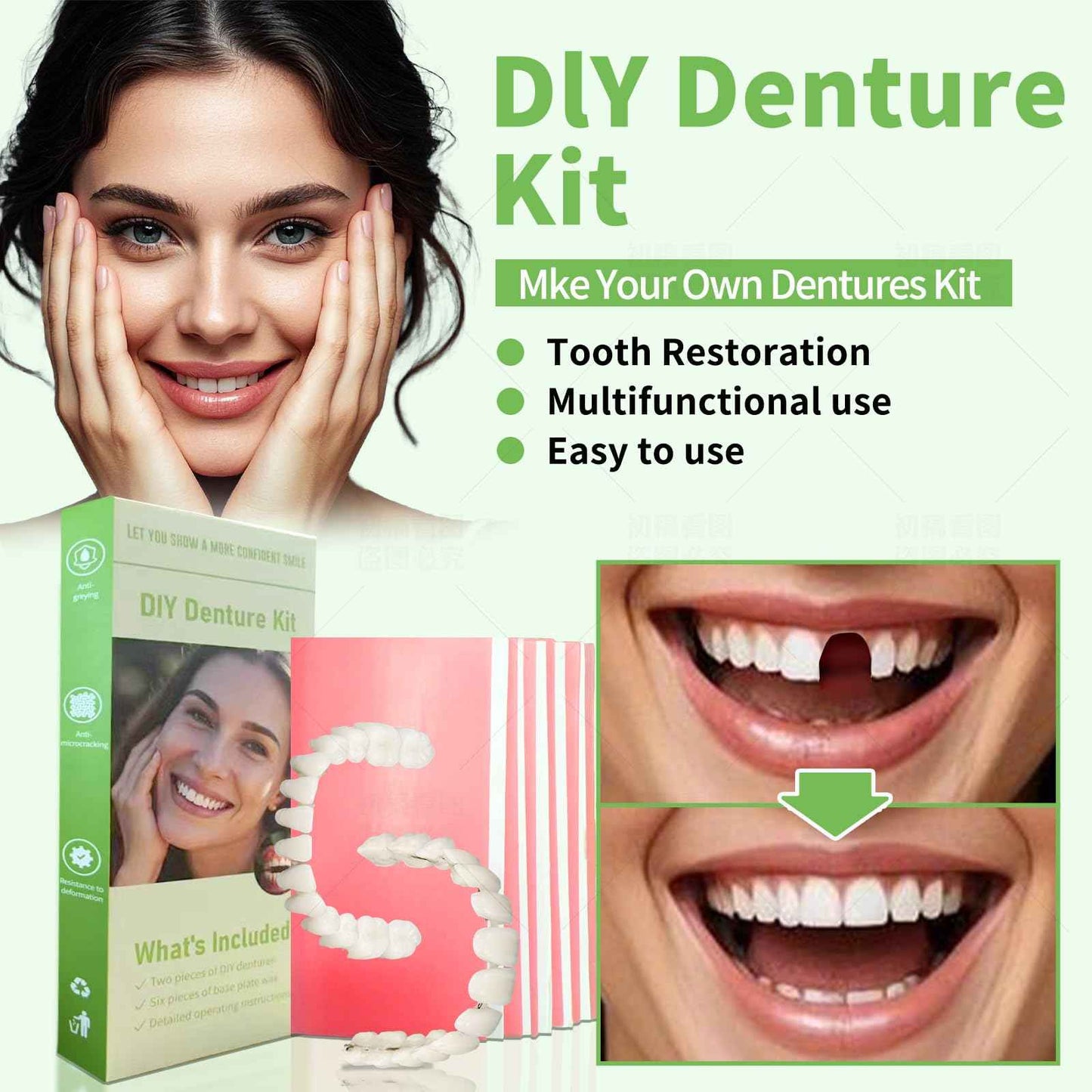 DIY Denture Kit - Top & Bottom Fake Teeth with Comfort Fit for Everyday Use, Natural-Looking Emergency Replacement Solution (Universal Sizing)-XX05