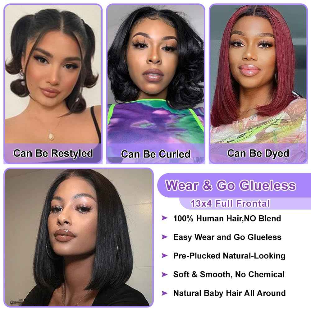 Bob Wig Human Hair Straight 13X4 Lace Front Wig Human Hair 150% Density Short Straight Frontal Bob Wig 13x4 HD Transparent Lace Frontal wig Pre Plucked With Baby Hair Free Part Natural black 08 Inch