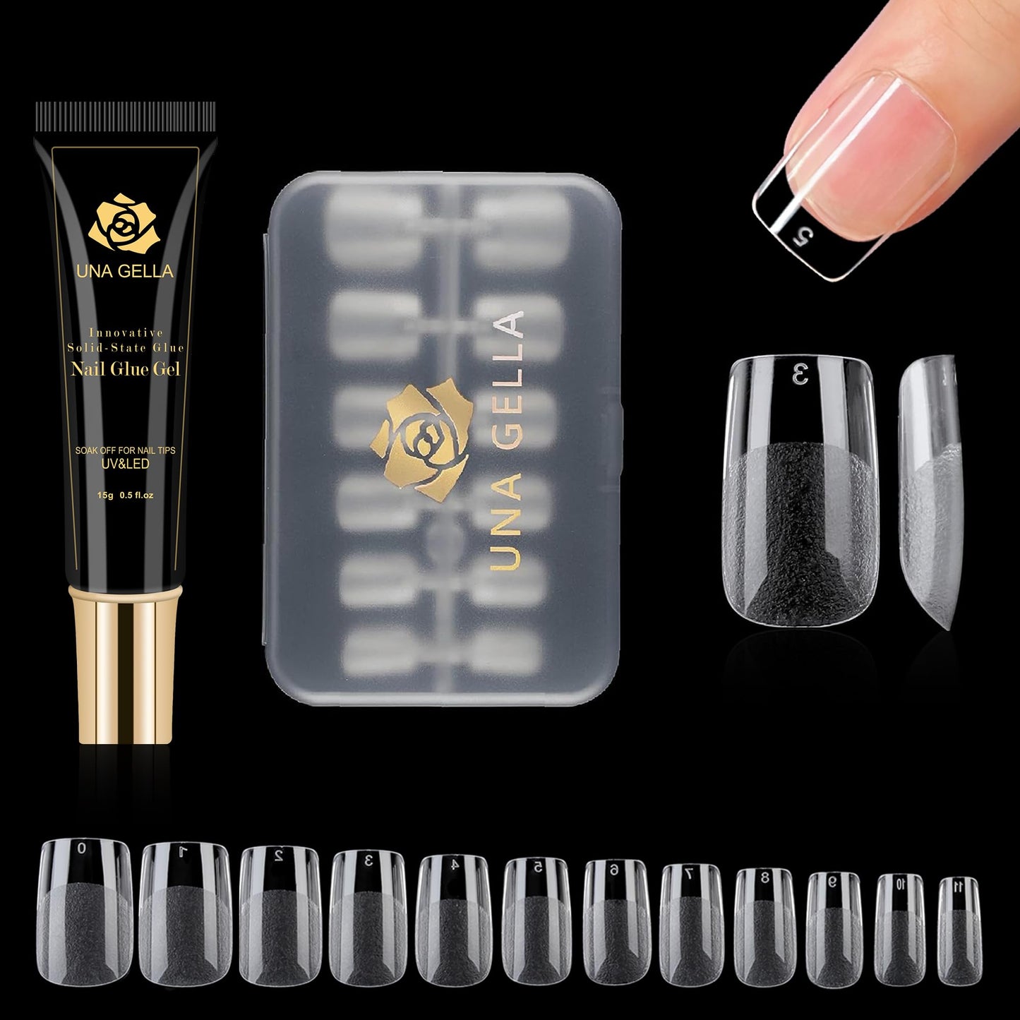 UNA GELLA Short Square Nail Tips with Glue Gel Curing Needed Soft Gel Nail Tips with Soft Gel Tips Glue Kit for Short Square Gel X Tips 120pcs for Home DIY