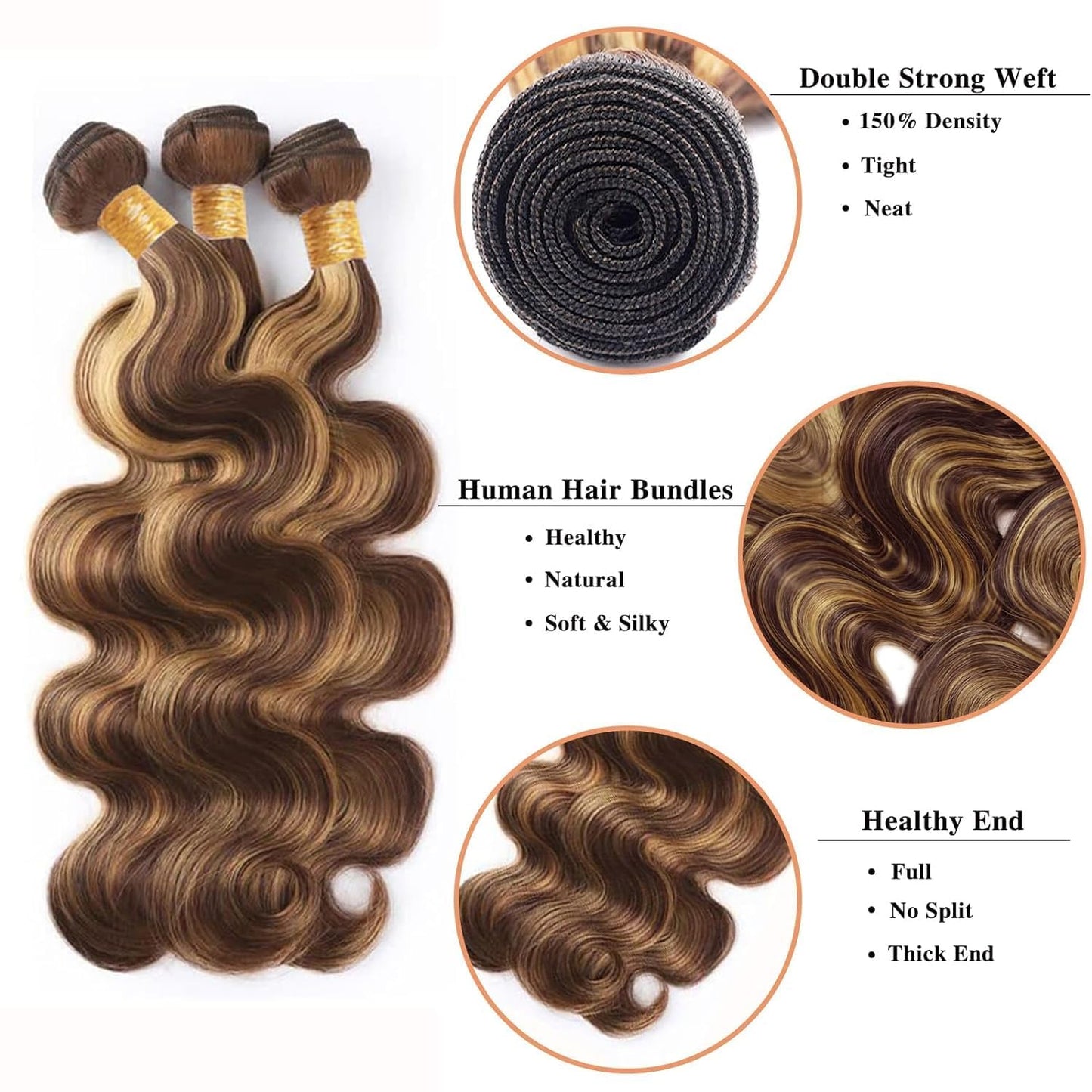 P4/27 Highlight Body Wave Human Hair Bundles Highlight Bundles Human Hair Body Wave Bundles Human Hair 8 10 12Inch 3 Bundles Brazilian Virgin Hair Bundles (P4/27-BD-8 10 12)