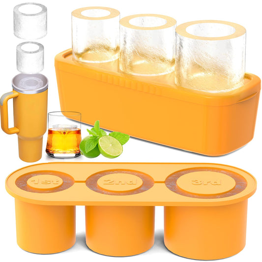 Ice Cube Tray for 30Oz-40Oz Tumbler, 3 Pcs Silicone Hollow Cylinder Ice Mold with Lid and Bin for Freezer, Ice Drink, Juice, Whiskey, Cocktail (Yellow, 40 Oz)