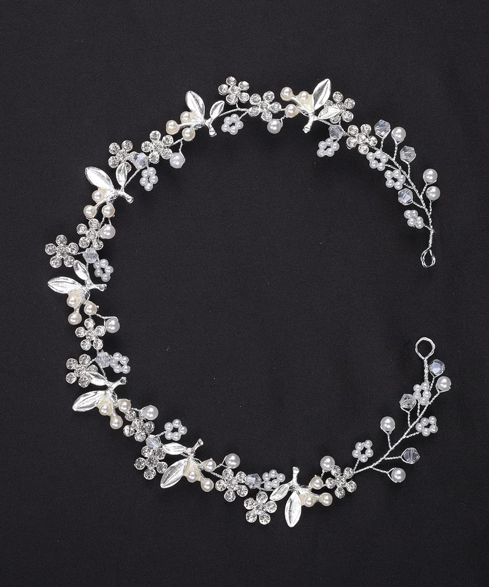 Jumwrit Flower Leaf Bridal Hairband Rhinestone Crystal Wedding Hairpiece for Women Girls Dainty Pearl Bridal Hair Accessories for Bride Bridesmaid