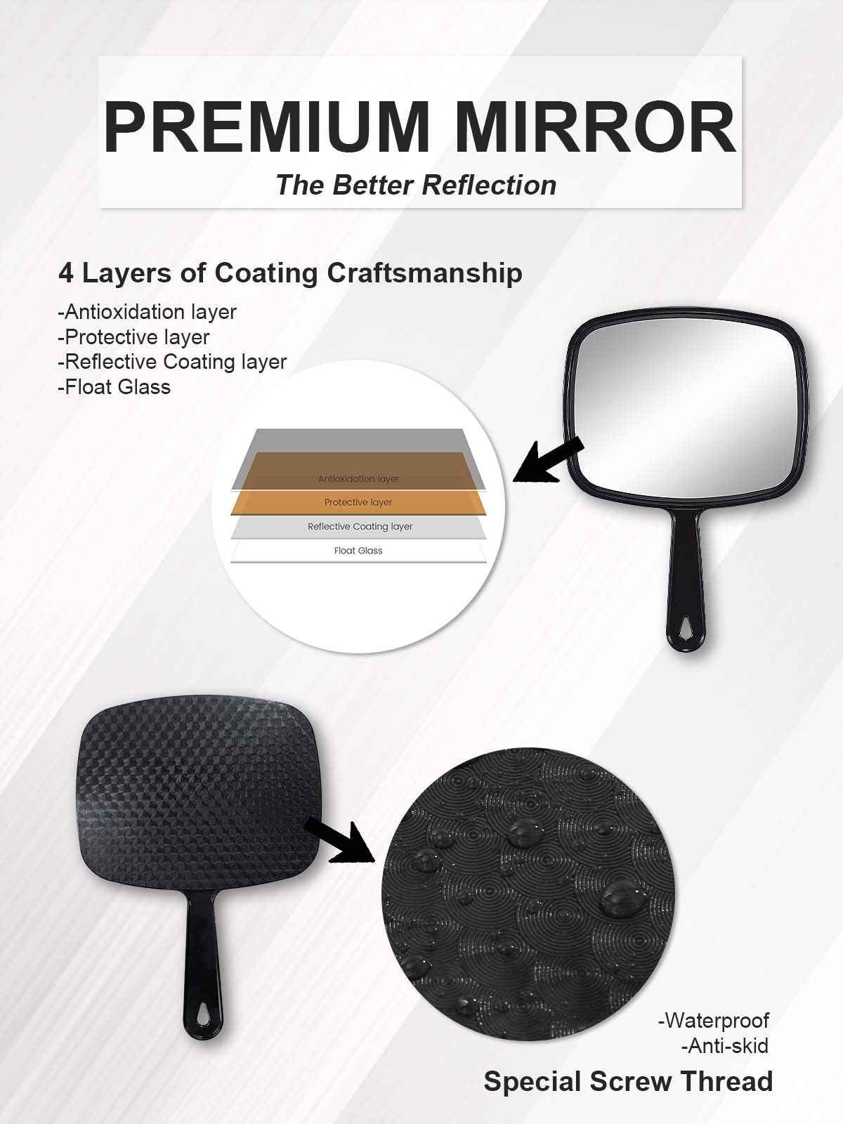 MIRRORNOVA Hand Mirror, Barber Hairdressing Handheld Mirror with Handle for Salon, Square, Black, Medium,Pack of 3