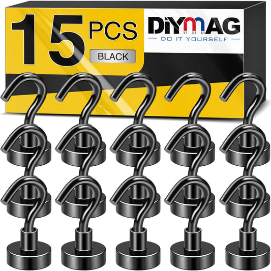 DIYMAG Magnetic Hooks, 25Lbs Strong Heavy Duty Cruise Magnet S-Hooks for Classroom, Fridge, Hanging, Cabins, Grill, Kitchen, Garage, Workplace and Office etc, (15 Pack-Black),Screw in Hooks