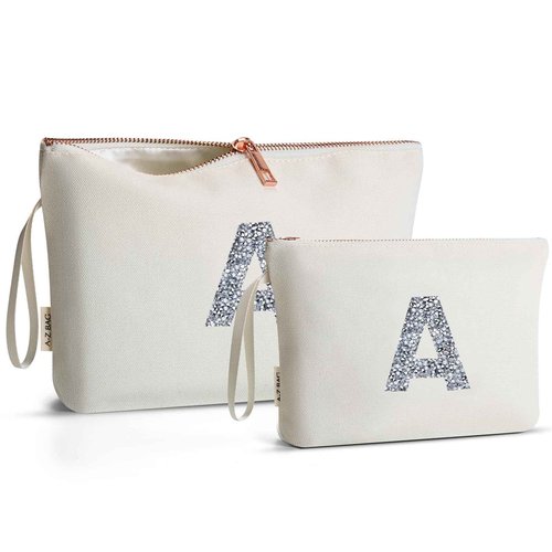 A-Z BAG 2pcs Personalised Makeup Bag Set, Canvas Cosmetic Bag with Rhinestone Initial, Birthday Gifts for Women (A, Beige)