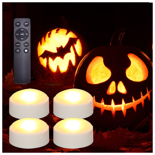 iZAN 4 Pack Battery Operated LED Pumpkin Lights with Remote and Timer, Bright Flickering Flameless Candle Set for Pumpkin Décor Jack-O-Lantern Halloween Party Home Christmas Decorations, White Color