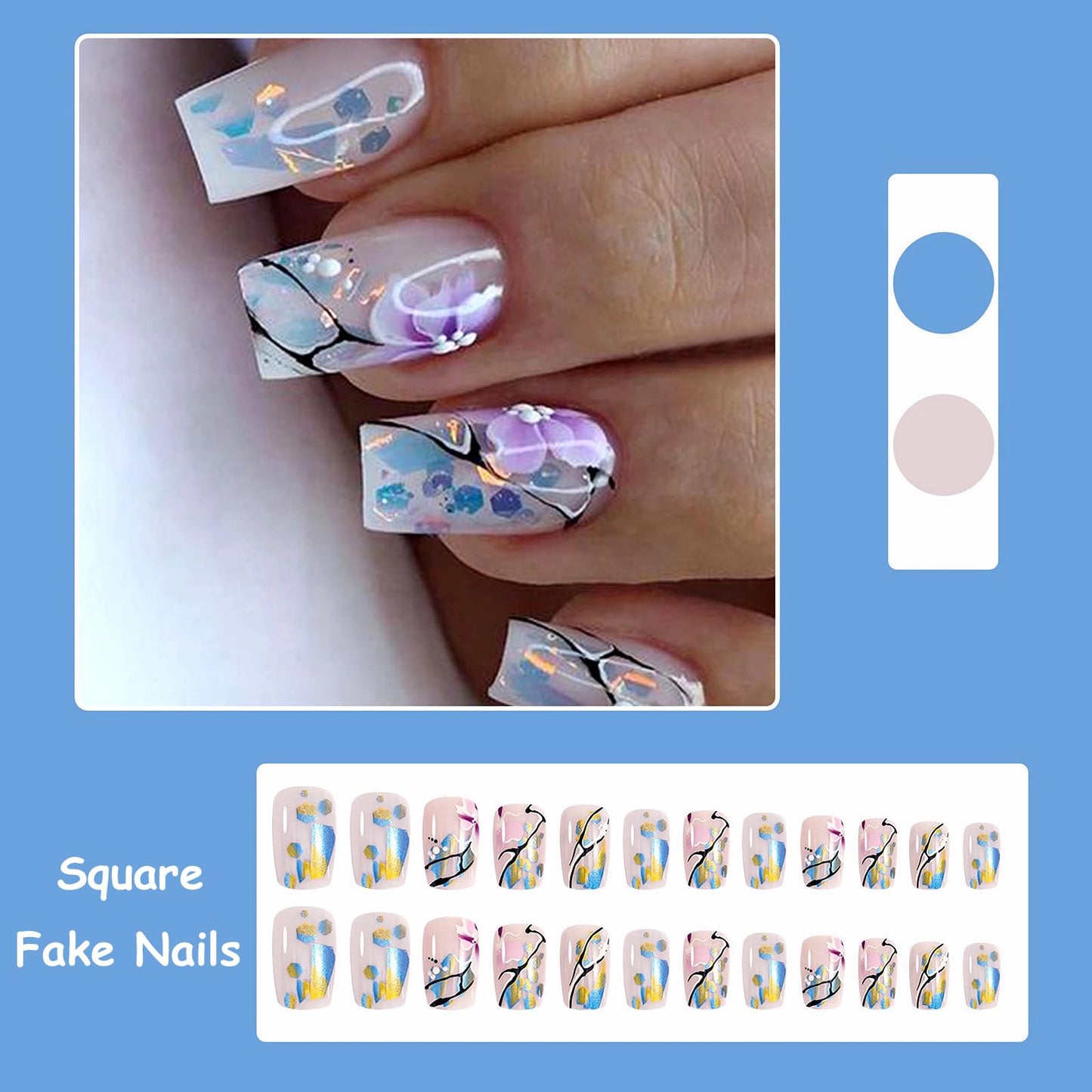 MISUD Press on Nails Medium Square Fake Nails Glossy Glue on Nails Flower Acrylic Nails Squoval Artificial Nails Bling Glitter Stick on False Nails with Design 24 pcs