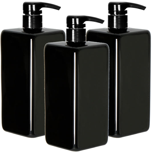 Youngever 3 Pack Pump Bottles for Shampoo 32 Ounce (1 Liter), Empty Shampoo Pump Bottles, Plastic Square with Lockdown-Leak Proof-Pumps (Black)