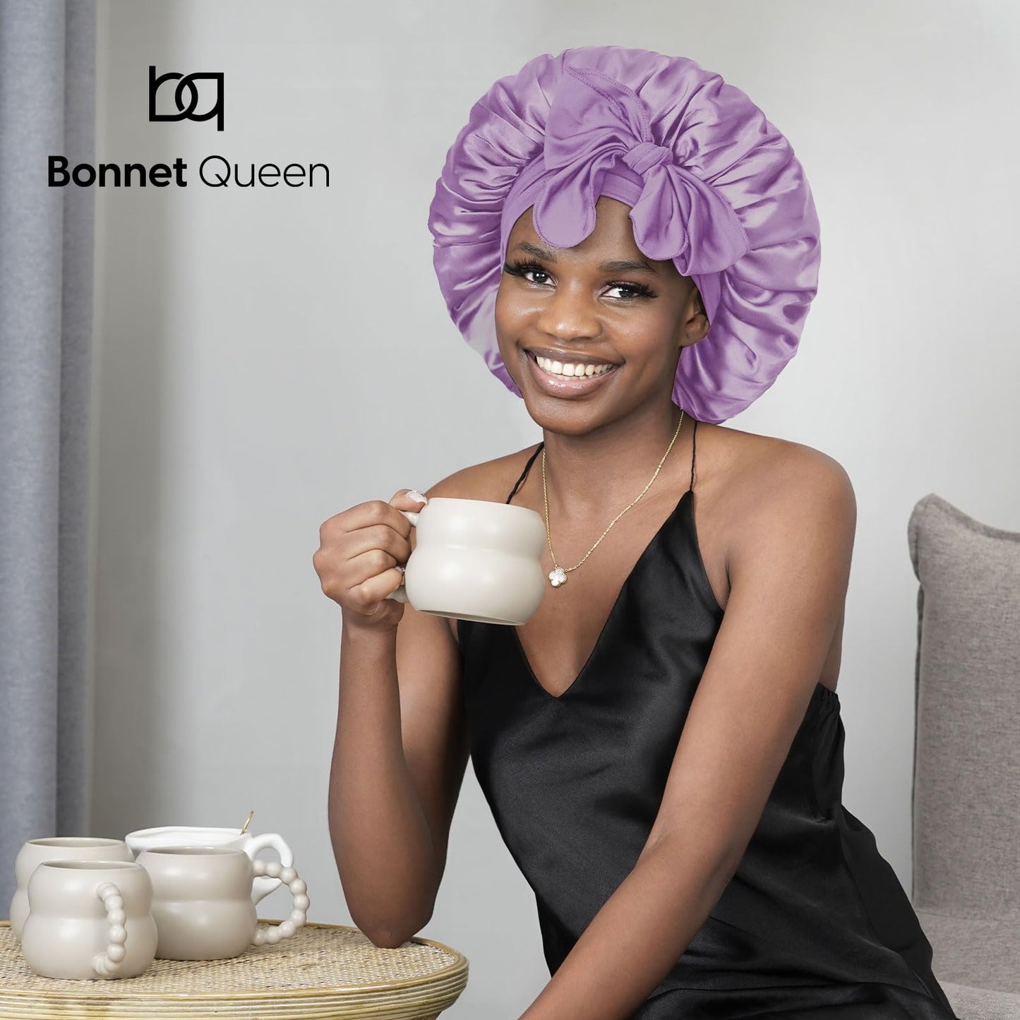 BONNET QUEEN Silk Bonnet for Sleeping Women Satin Bonnet Hair Bonnet Night Sleep Cap Scarf wrap for Curly Hair with tie Band Lilac