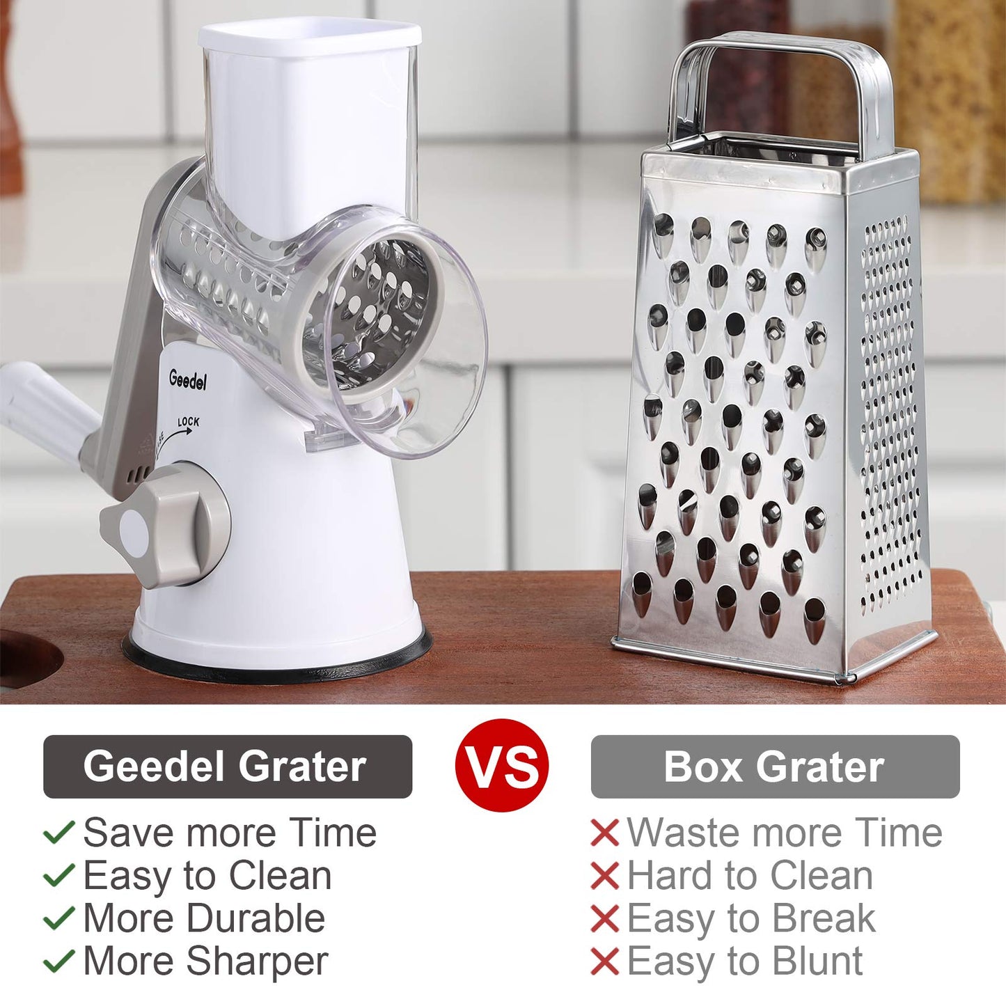 Geedel Rotary Cheese Grater, Kitchen Mandoline Vegetable Slicer with 3 Interchangeable Blades, Easy to Clean Rotary Grater Slicer for Fruit, Vegetables, Nuts