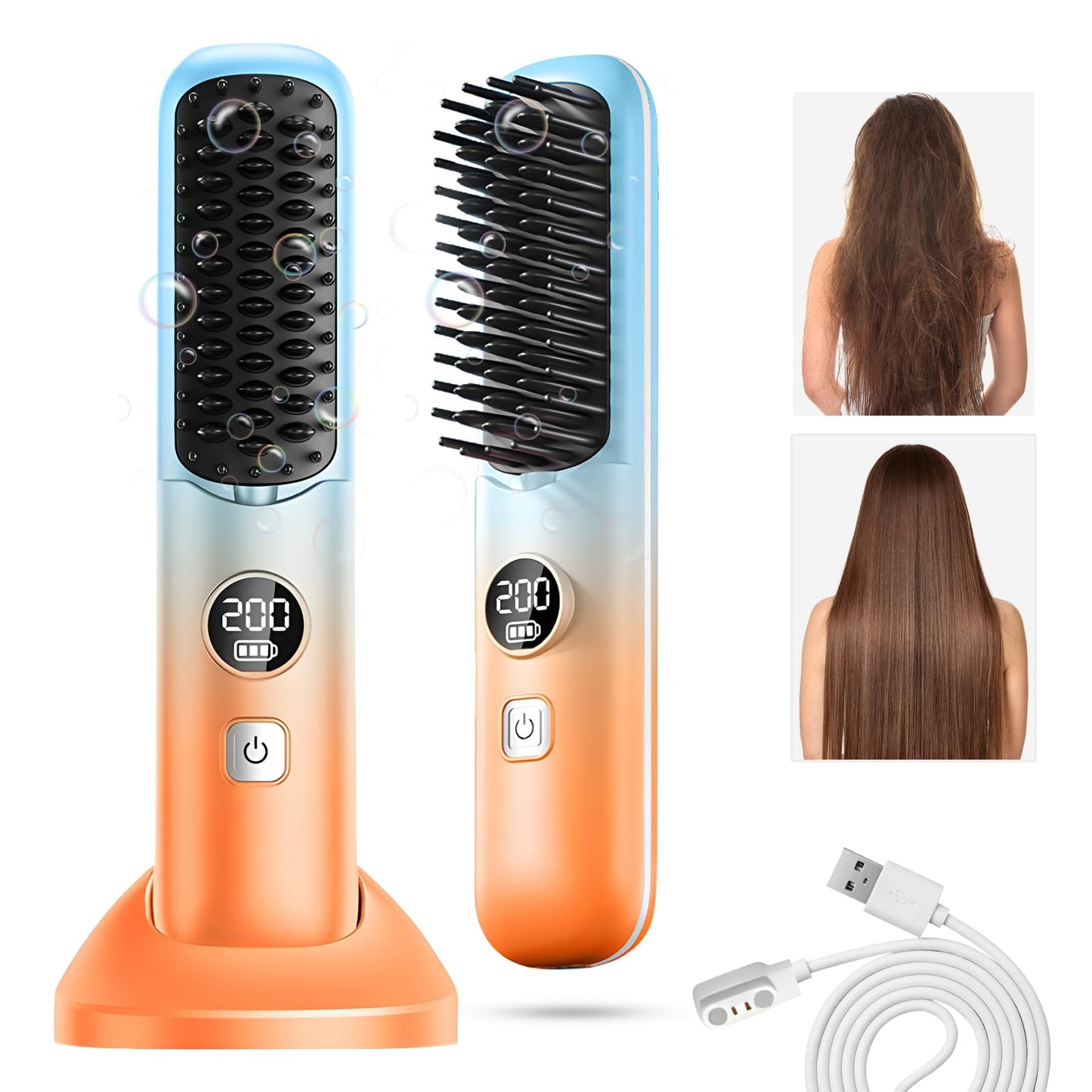 Unaone Cordless Hair Straightener Brush - Portable Mini Hair Straightening Comb for Travel, Negative Ion Hot Comb Hair Straightener for Women, Gradient Orange