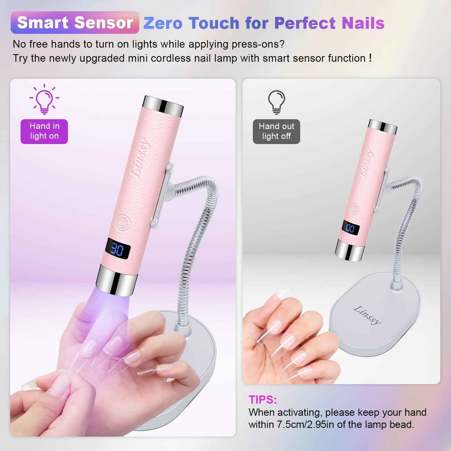 Linssy Mini UV Light for Nails with Auto Sensor & Gooseneck Stand,Portable Cordless Nail Lamp Flash Cure Lamp with LCD Display,Handheld UV Light for Gel Nails at Salon & Home Use (Pink)