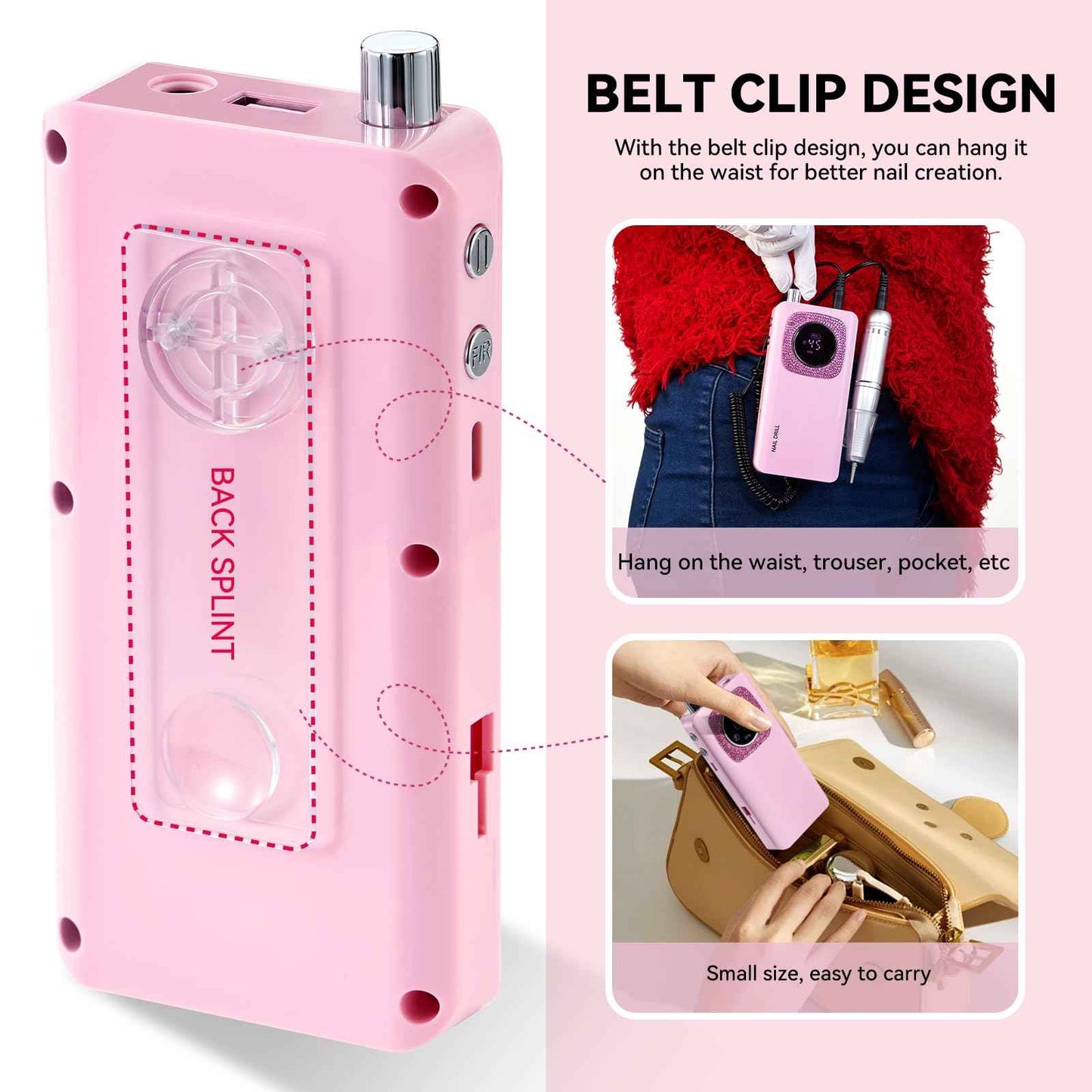 45000RPM Professional Portable Nail Drill Electric File with Pink diamond， Rechargeable Nail E File Machine with Bits & Clean for Acrylic Nails Remove Nail Gel Polish Manicure, Cordless